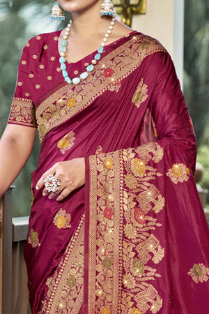 Dark Magenta Floral Woven With Swarovski Work Pure Silk Saree With Tassels