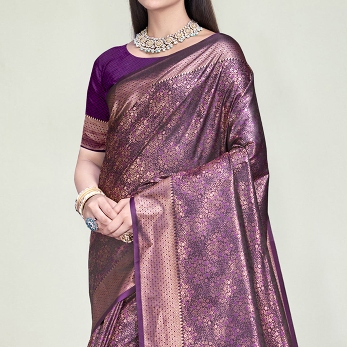 Purple Floral Woven Banarasi Silk Saree With Tassels