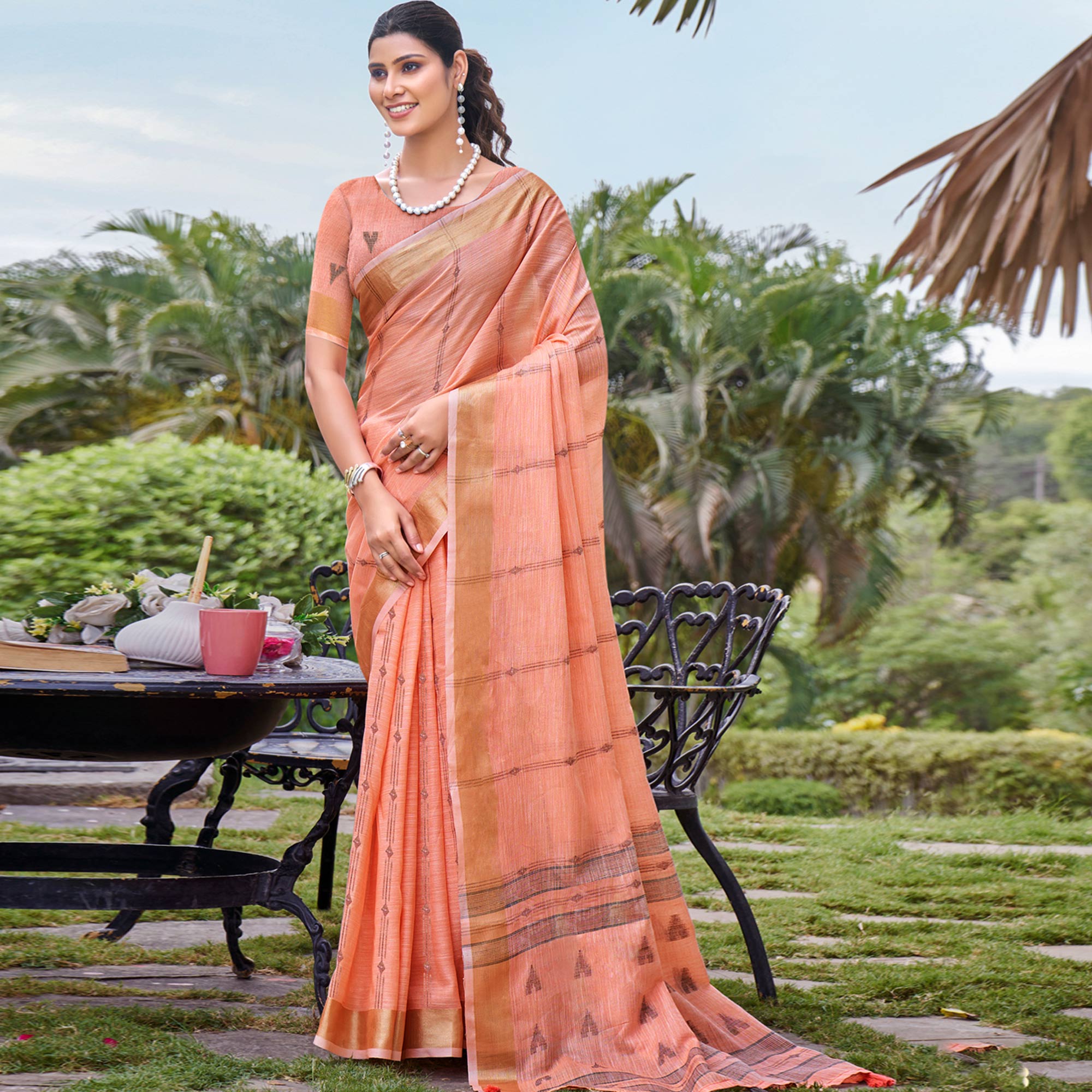 Peach Woven Cotton Blend Saree With Tassels