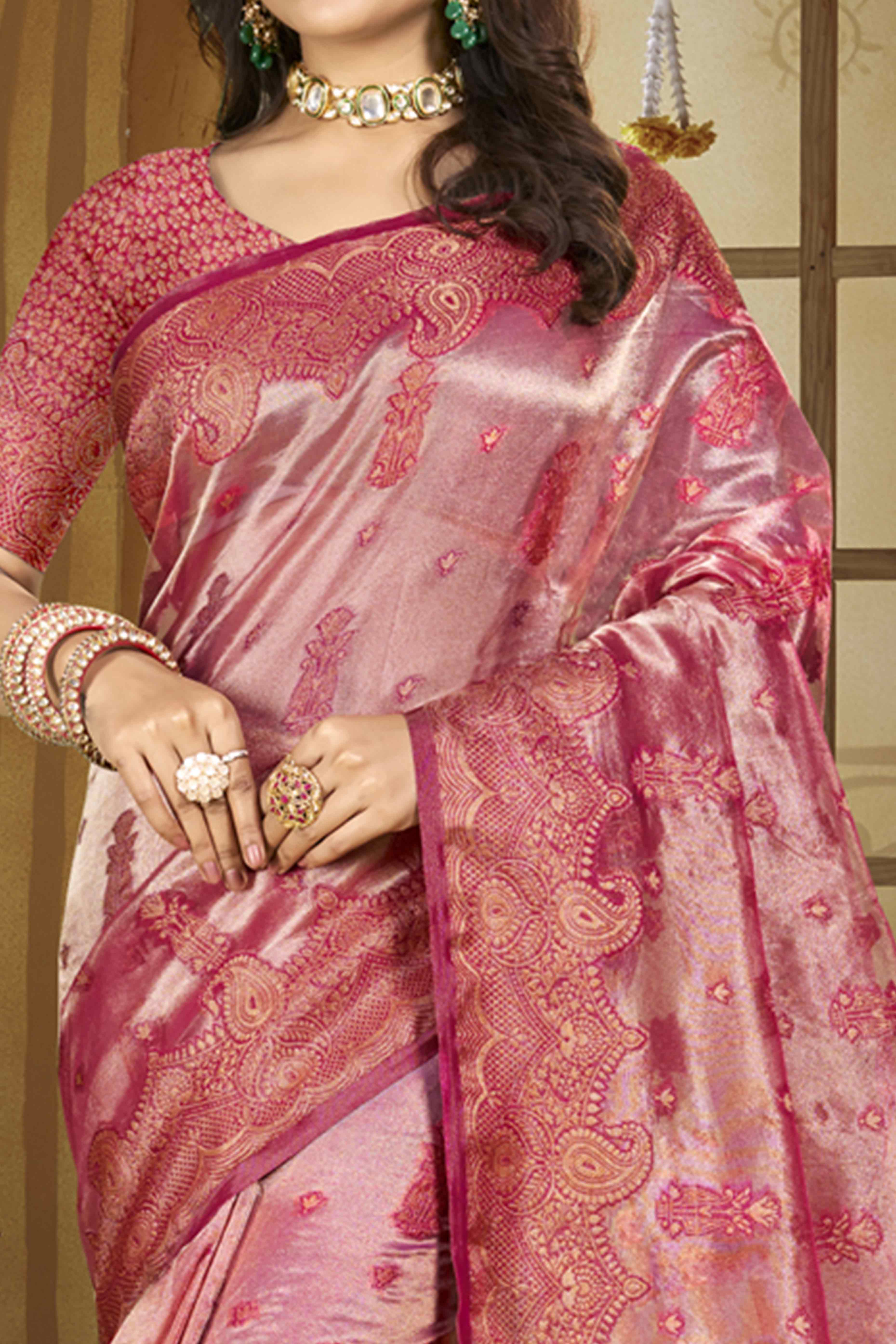 Pink Paisley Pattern Woven Organza Silk Saree