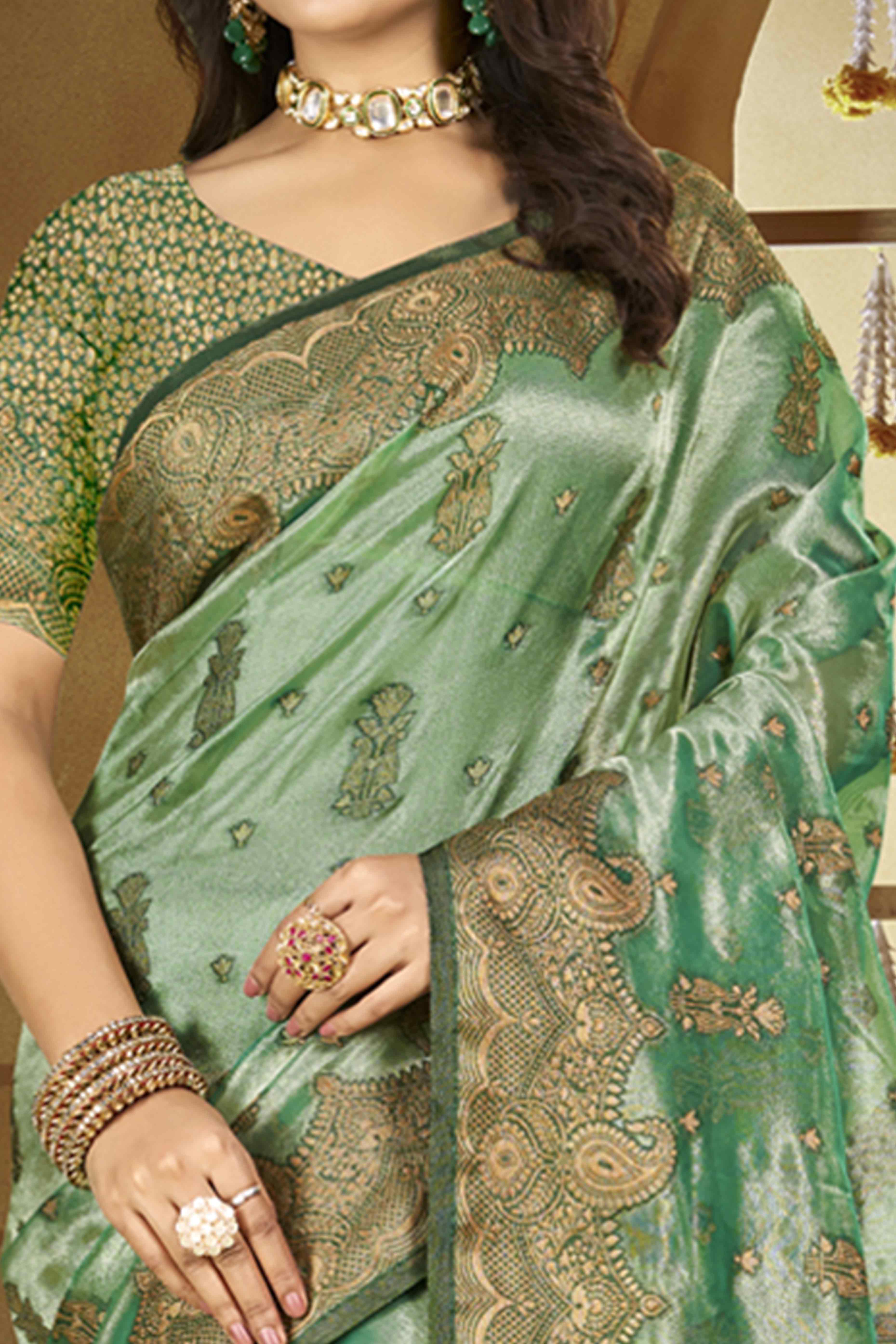 Green Paisley Pattern Woven Organza Silk Saree