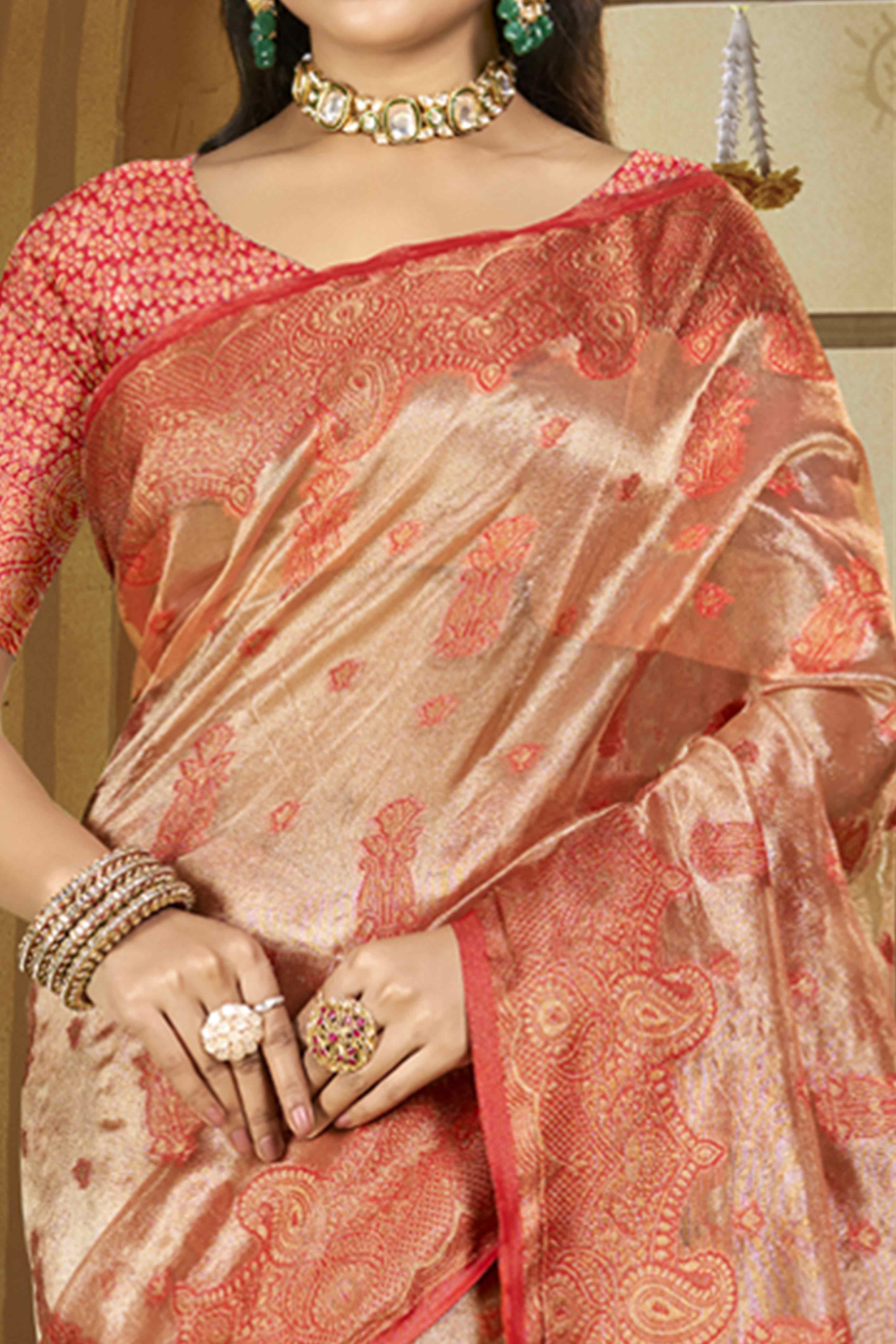 Peach Paisley Pattern Woven Organza Silk Saree