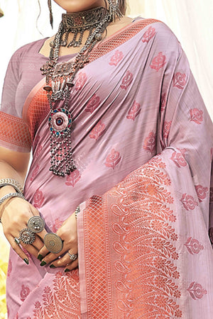 Ethereal Elegance In Onion Pink Banarasi Silk Saree With Floral Zari Weaving Work