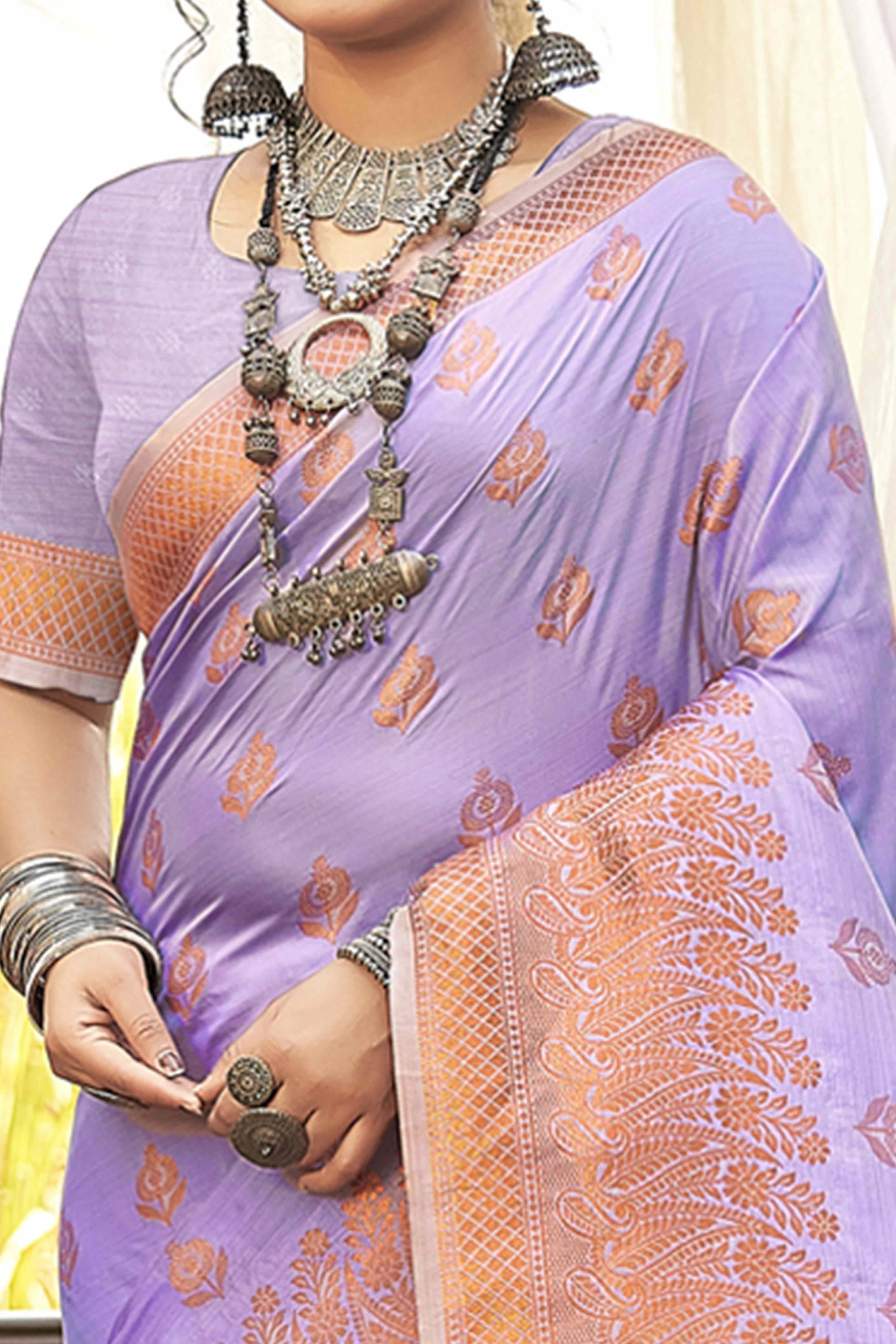 Timeless Beauty Lavender Onion Pink Banarasi Silk Saree With Floral Zari Weaving Work