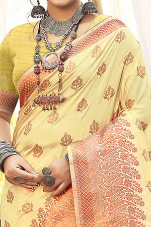Charming Yellow Banarasi Silk Saree With Floral Zari Weaving Work