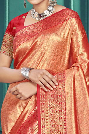 Exclusive Orange Floral Motif Woven Kanjivaram Silk Saree With Graceful Tassel Pallu