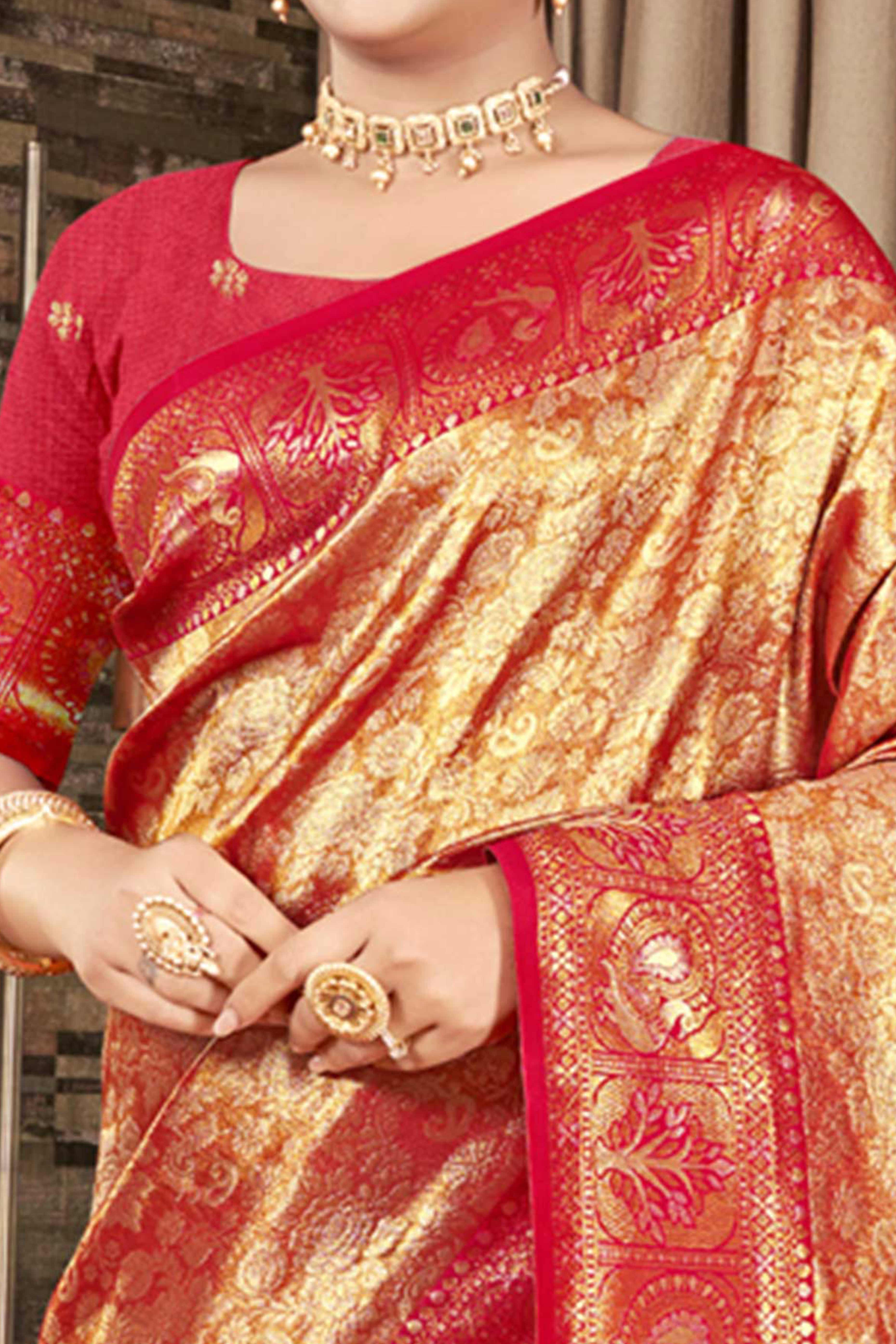 Premium Pink Floral and Peacock Motif Woven Kanjivaram Silk Saree With Tassel Pallu