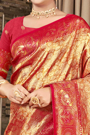 Premium Pink Floral and Peacock Motif Woven Kanjivaram Silk Saree With Tassel Pallu