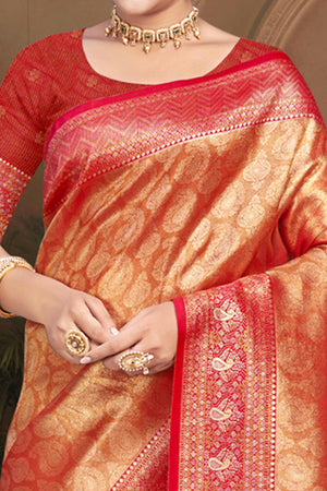 Exclusive Red Paisley & Floral Pattern Weaving Kanjivaram Silk Saree With Tassel Pallu