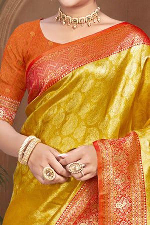 Exclusive Yellow Paisley & Floral Pattern Weaving Kanjivaram Silk Saree With Tassel Pallu