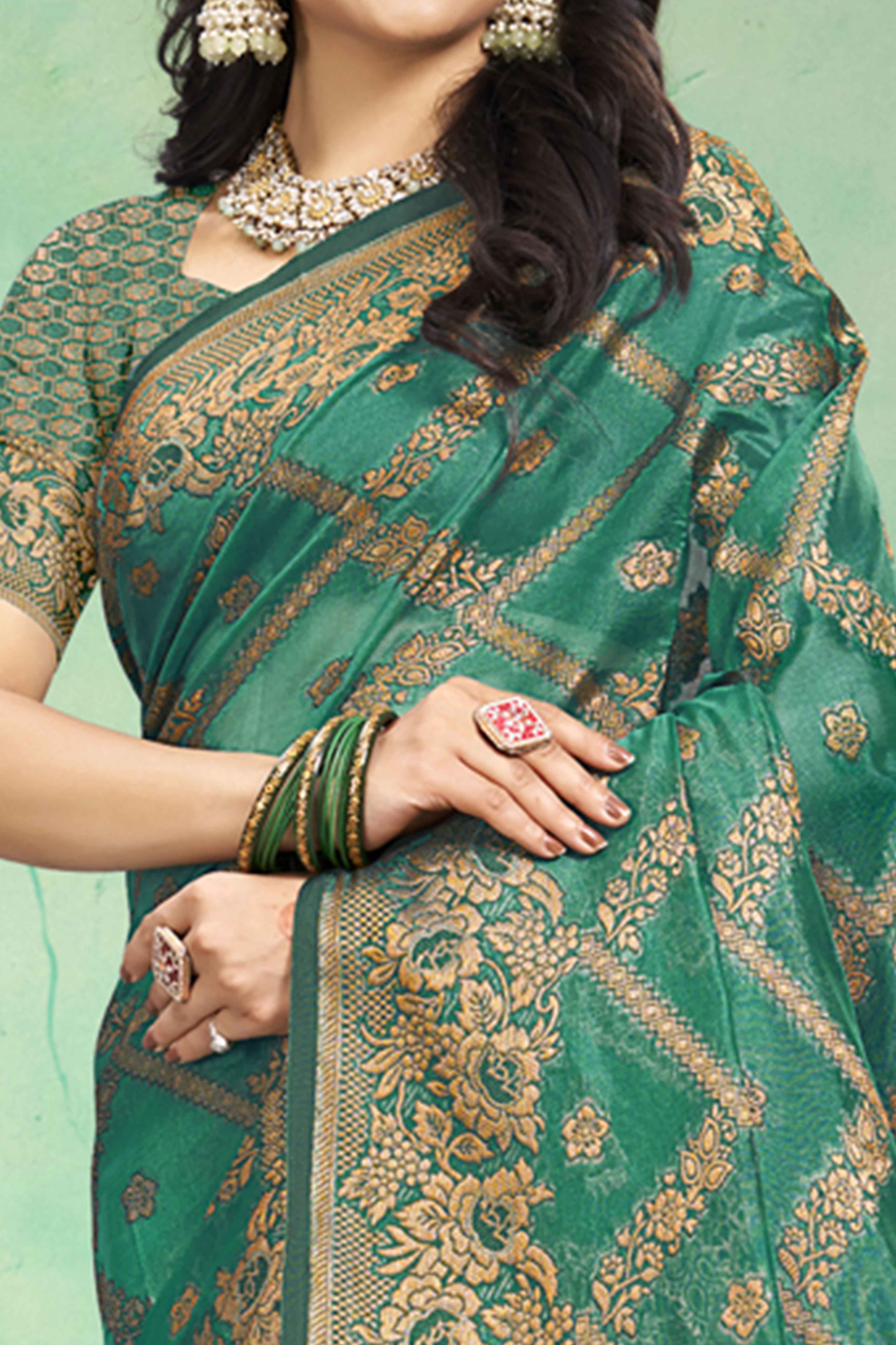 Rama Green Floral Woven Cotton Silk Saree