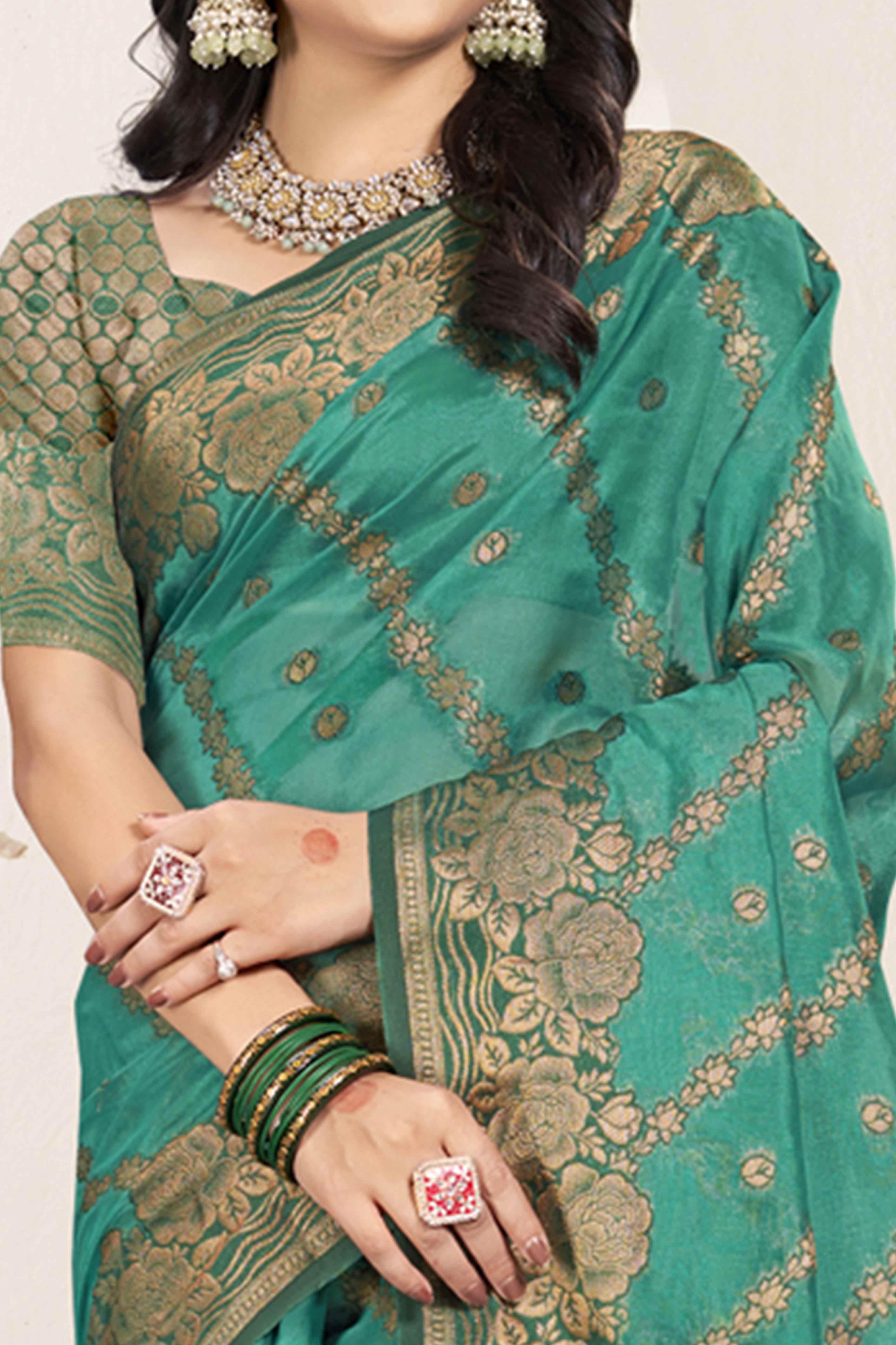 Turquoise Floral Woven Cotton Silk Saree