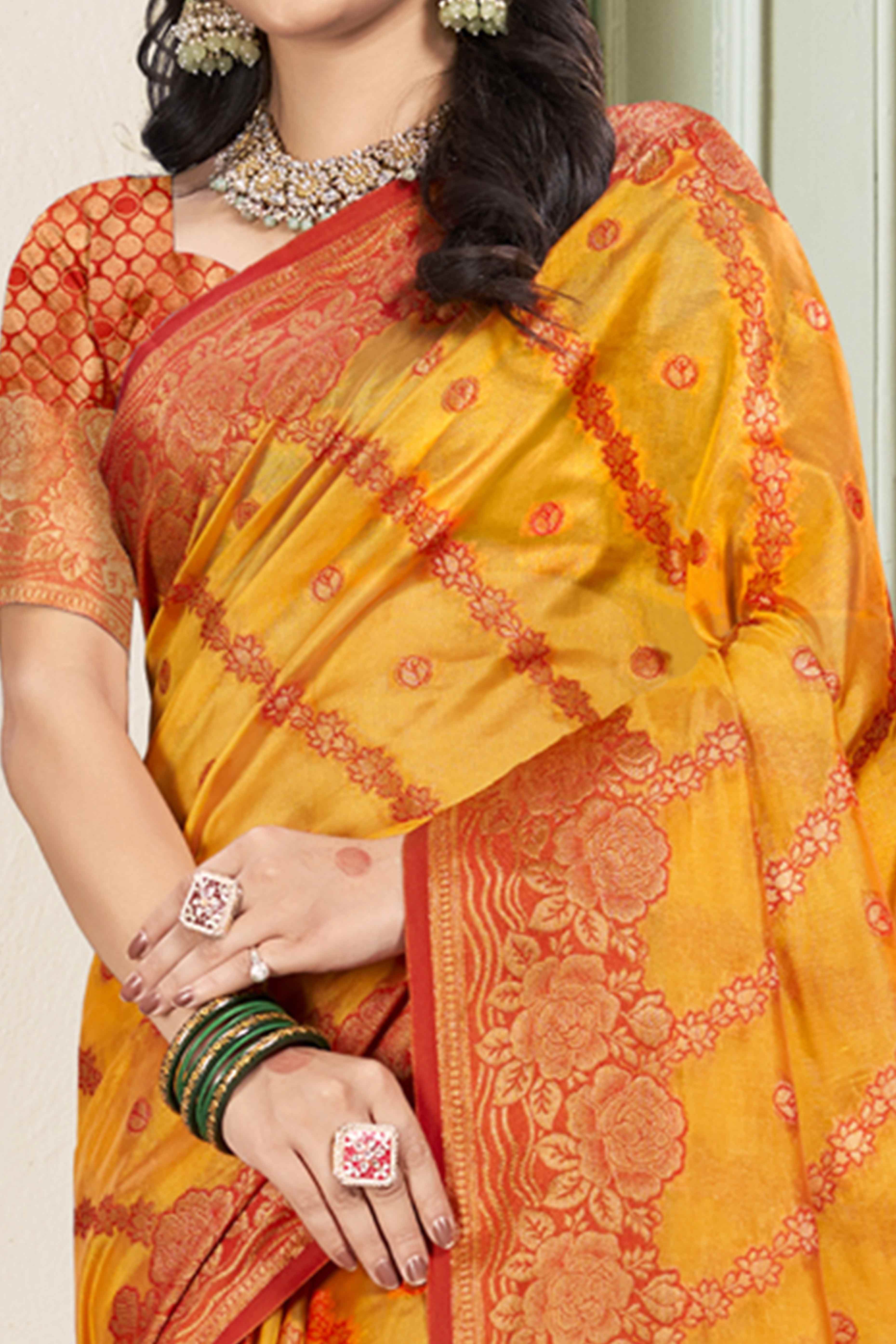 Yellow Floral Woven Cotton Silk Saree