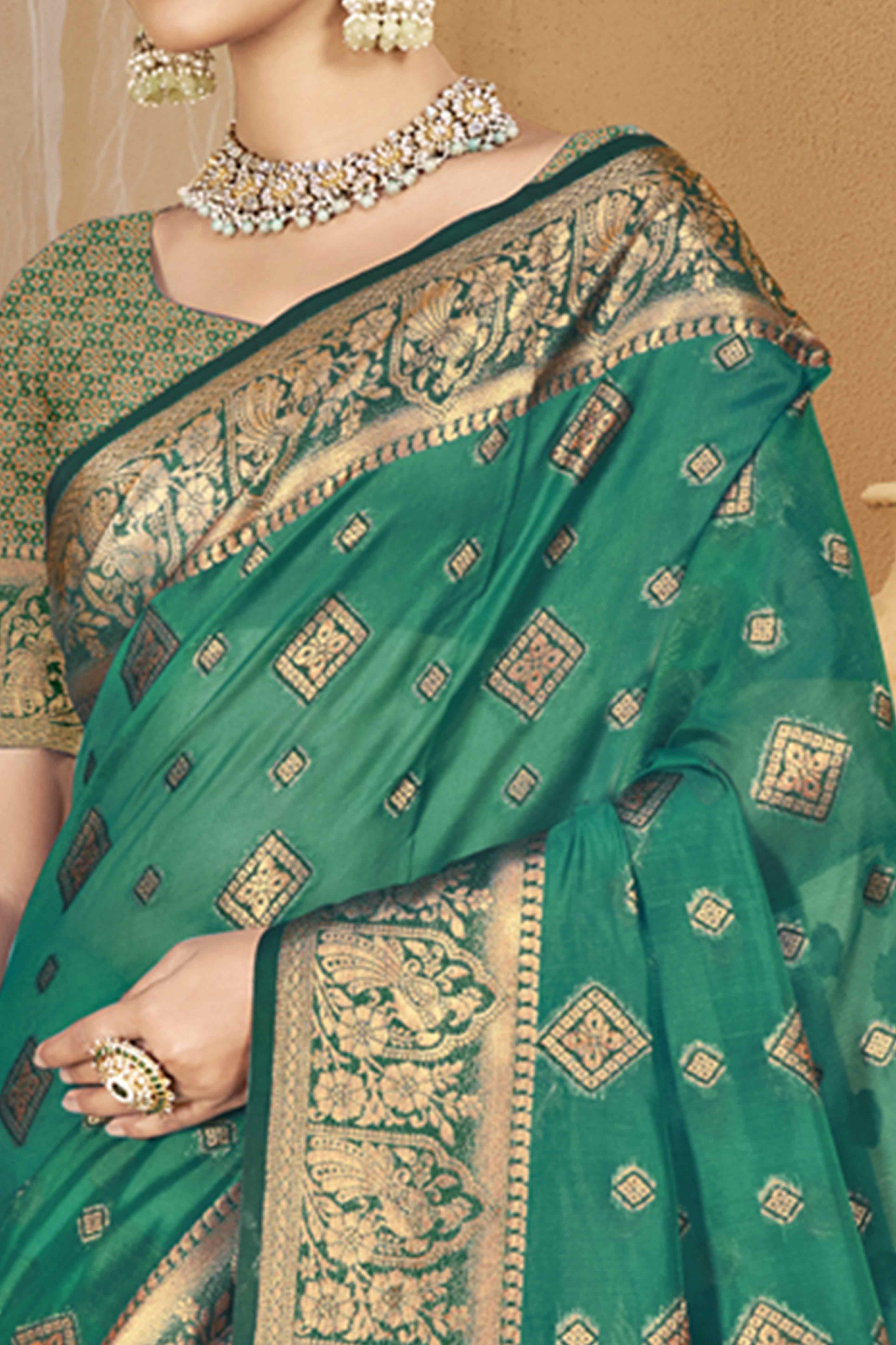 Rama Green Floral & Peacock Pattern Zari Woven Banarasi Silk Saree
