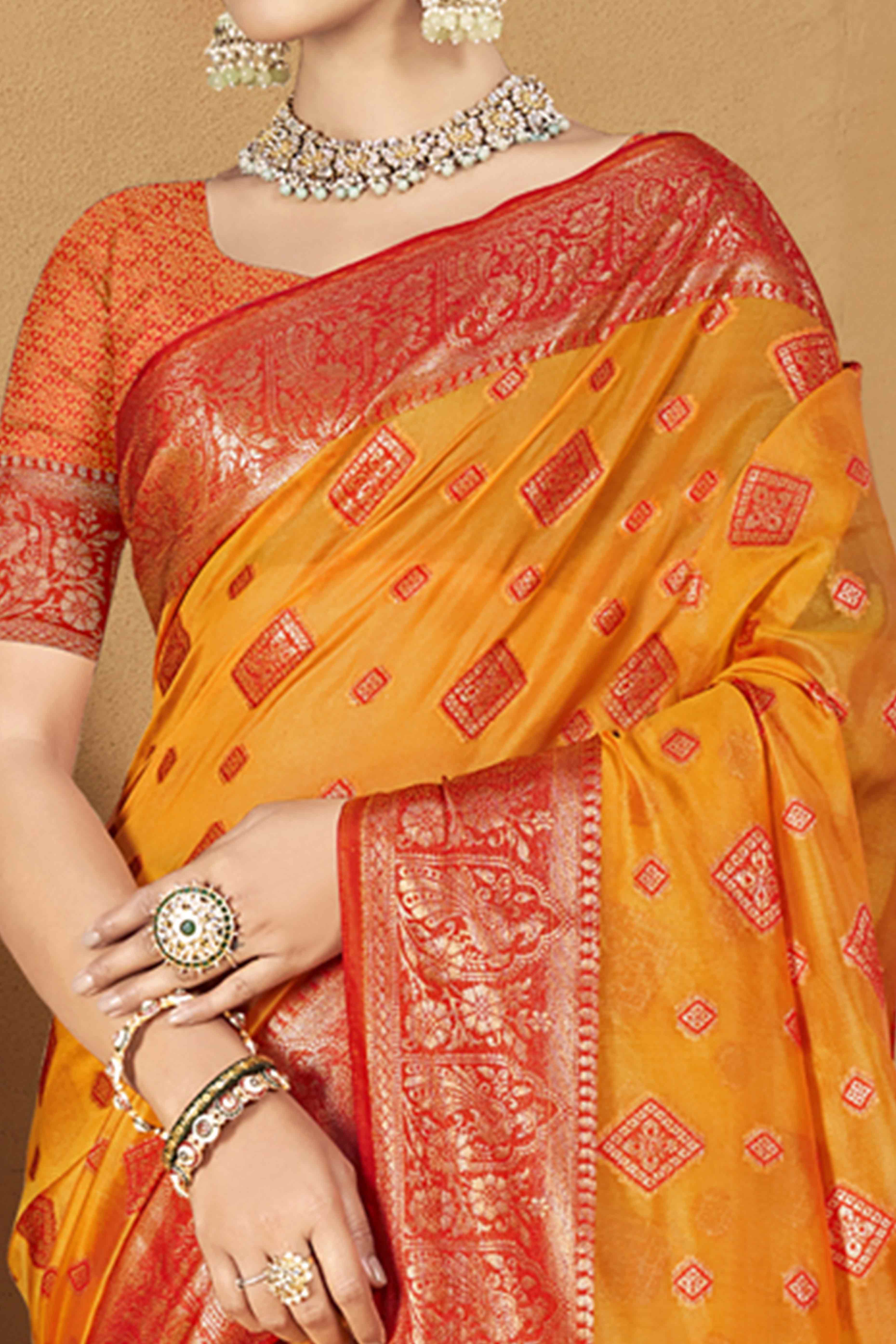 Orange Floral & Peacock Pattern Zari Woven Banarasi Silk Saree