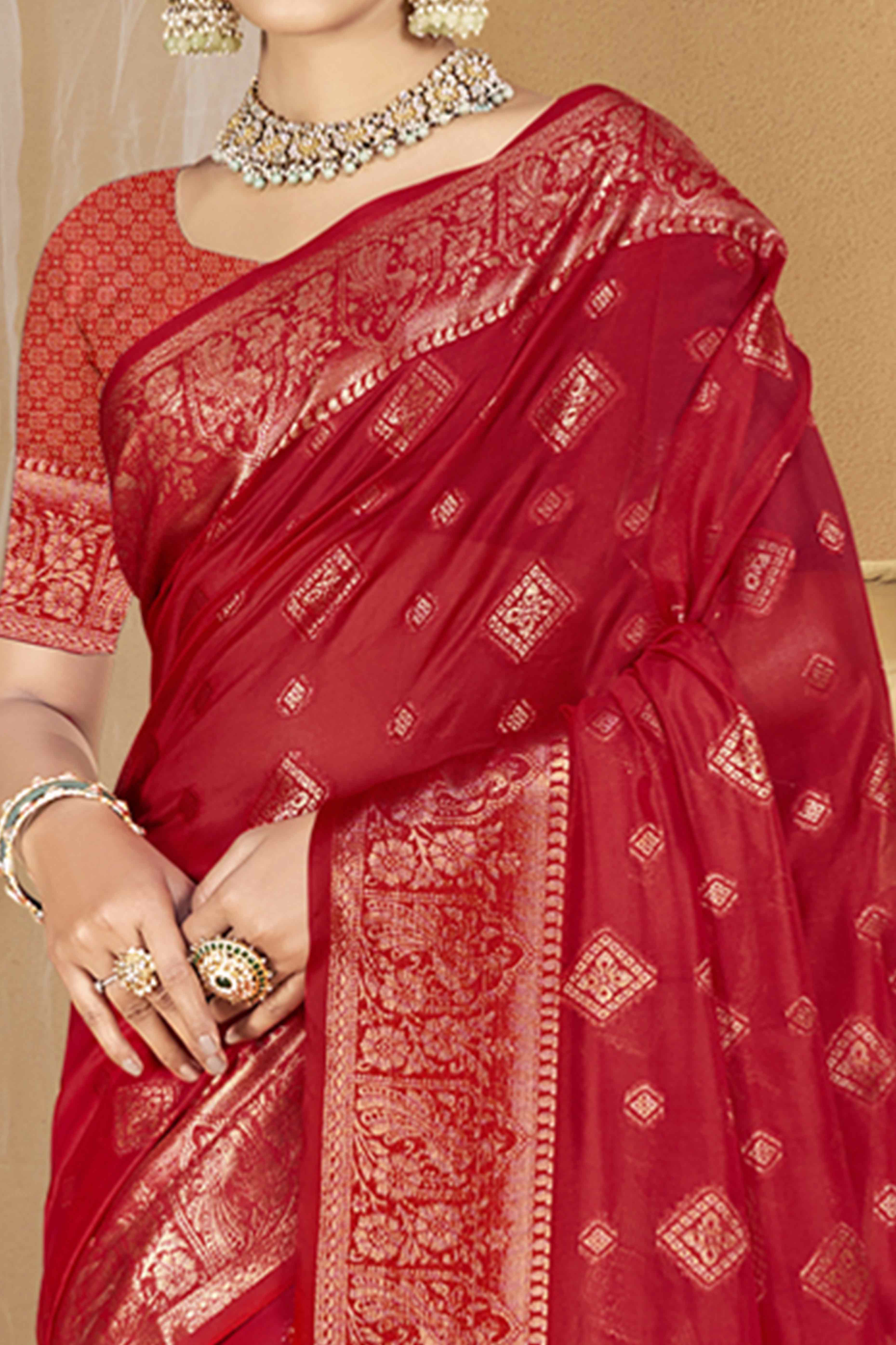 Red Floral & Peacock Pattern Zari Woven Banarasi Silk Saree