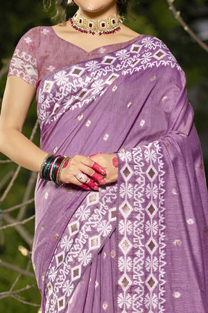 Purple Woven Linen Cotton Saree With Tassels