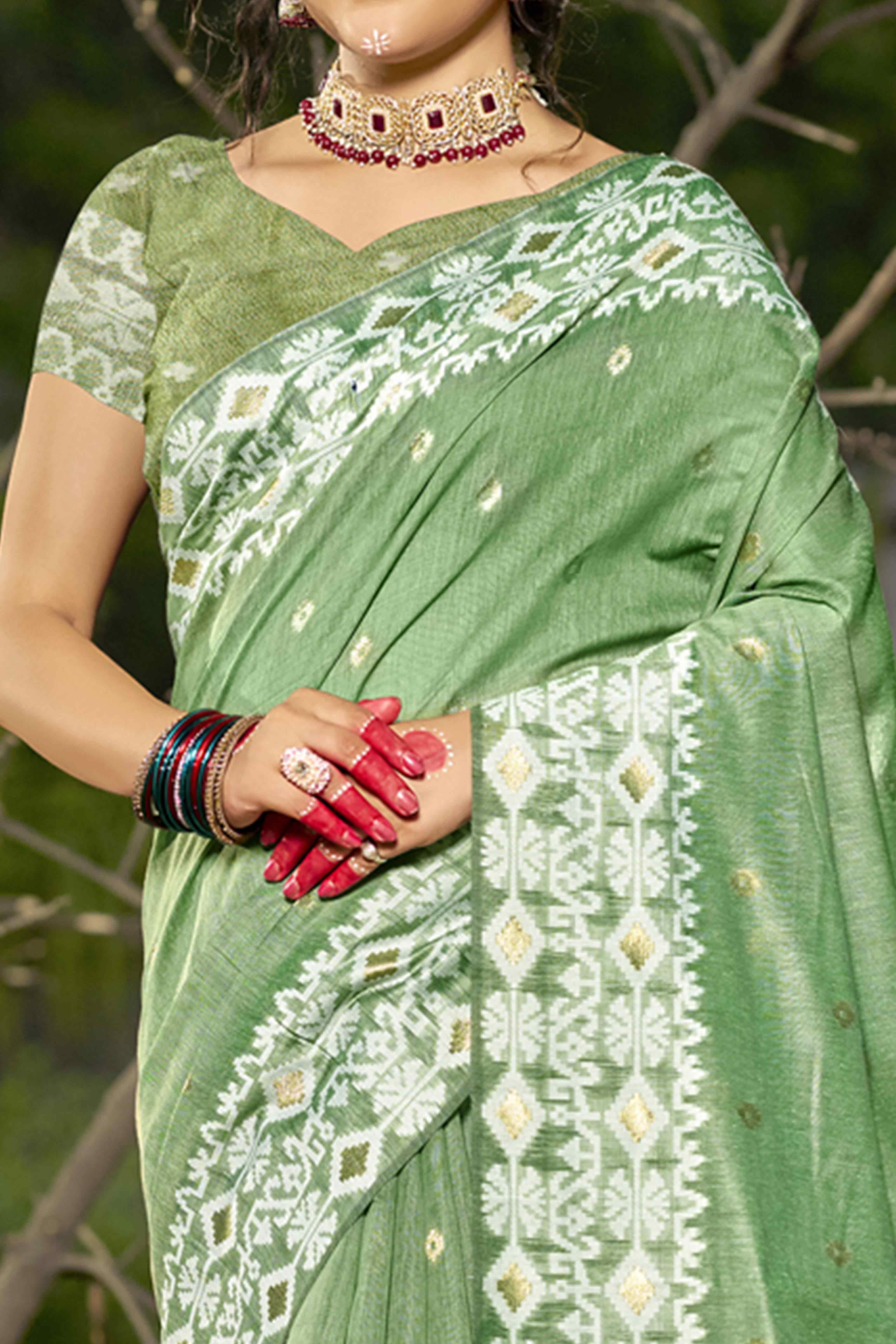 Green Woven Linen Cotton Saree With Tassels
