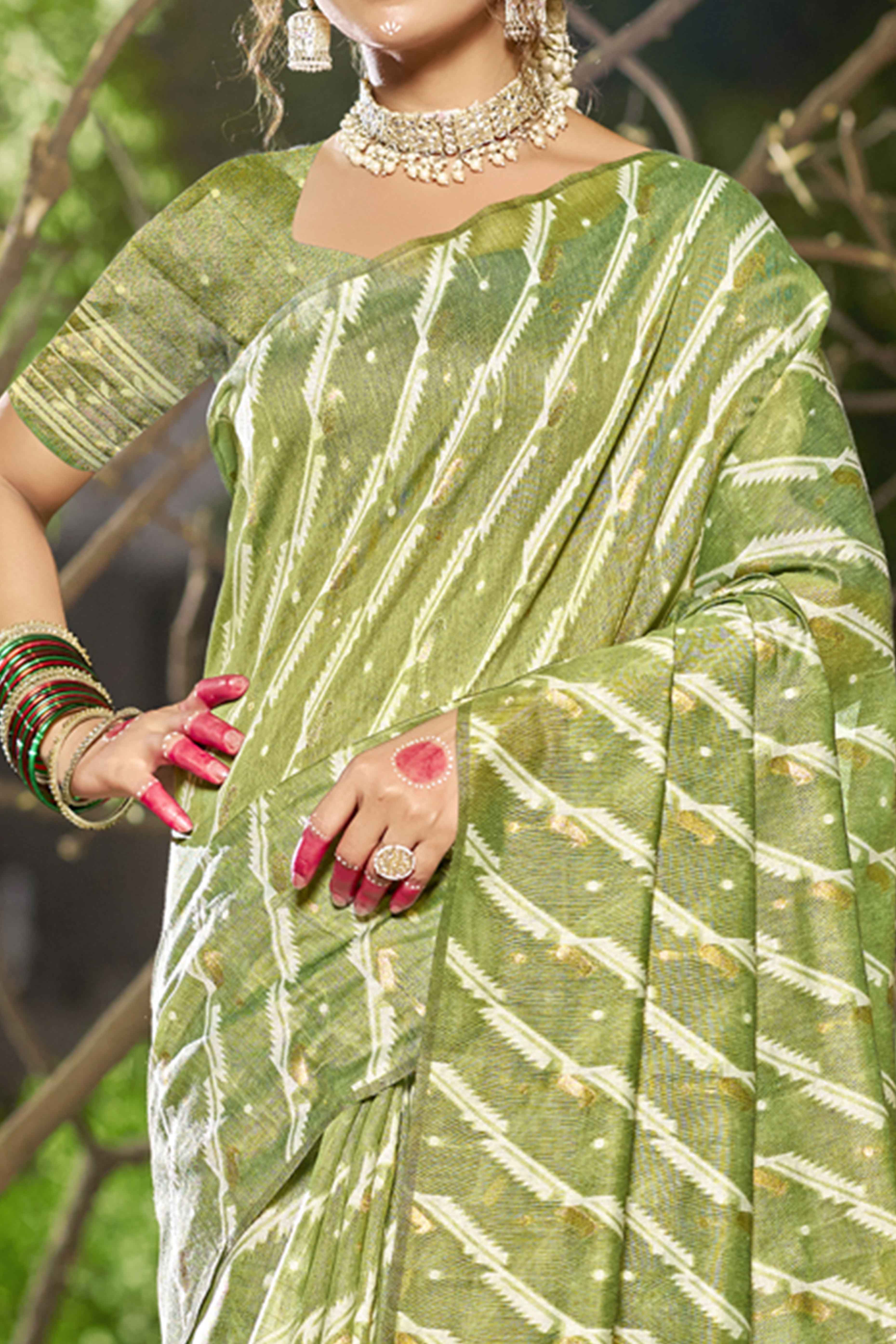 Green Printed With Woven Linen Cotton Saree With Tassels