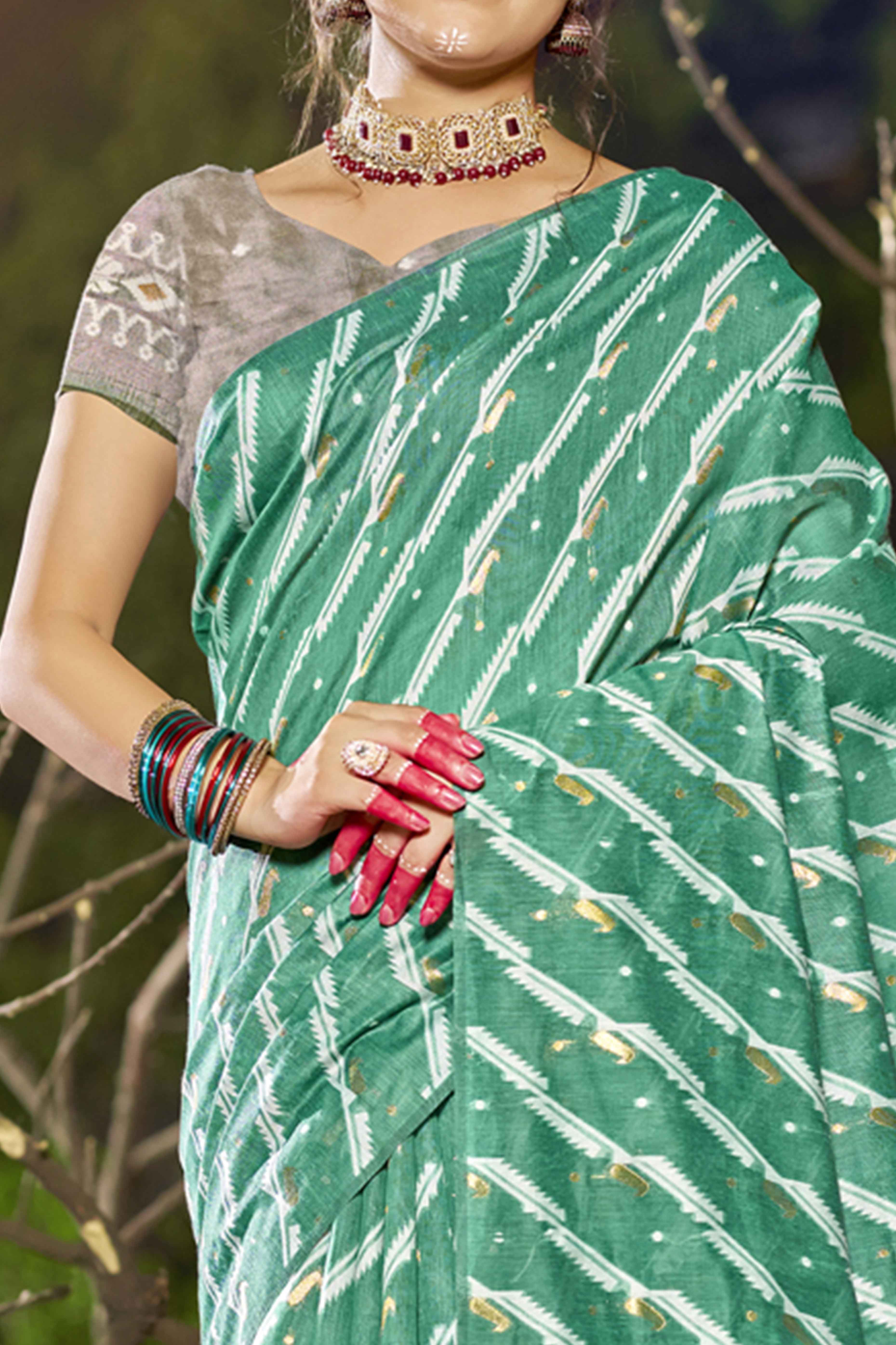 Rama Green Printed With Woven Linen Cotton Saree With Tassels