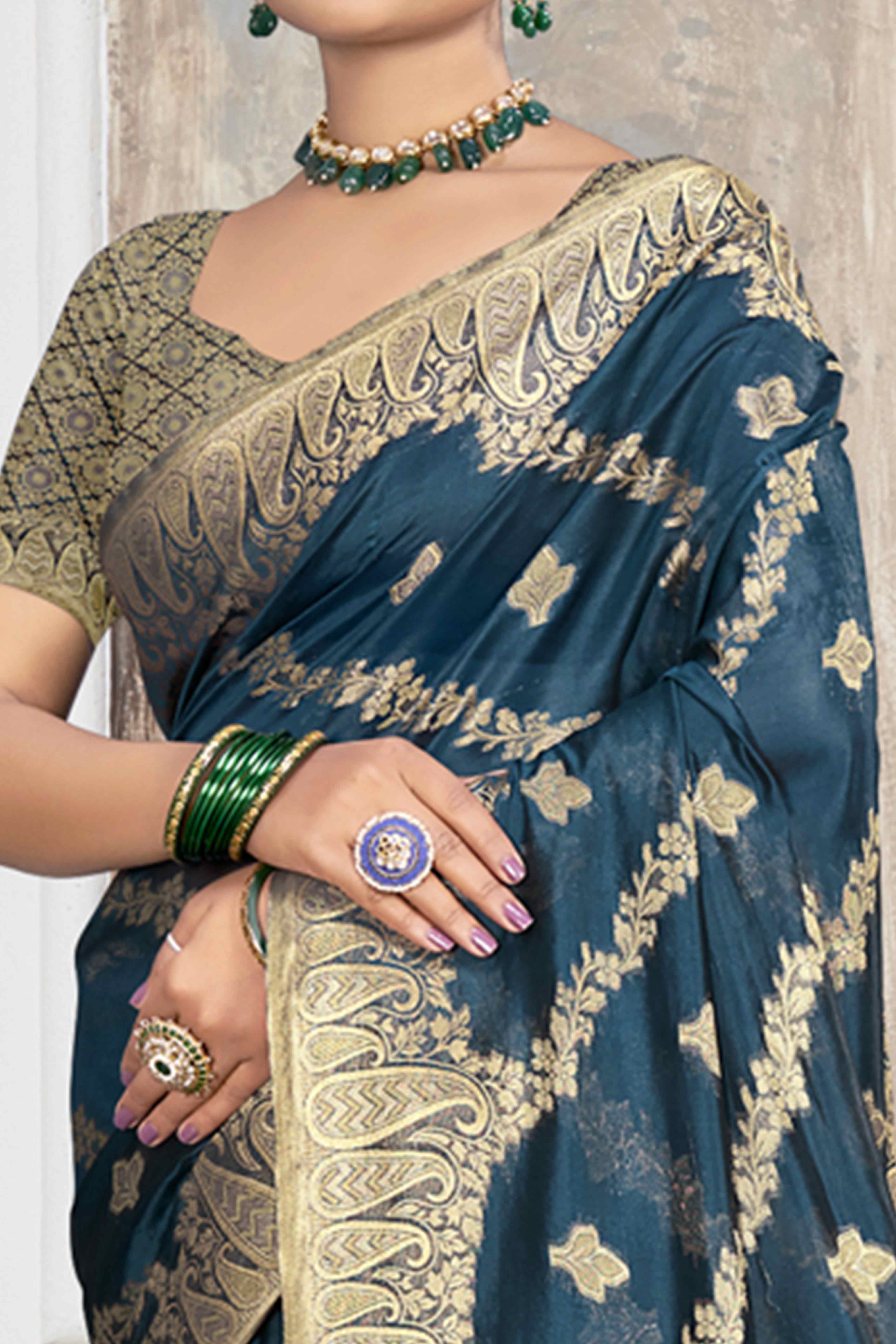 Blue Floral With Paisley Pattern Zari Woven Organza Saree