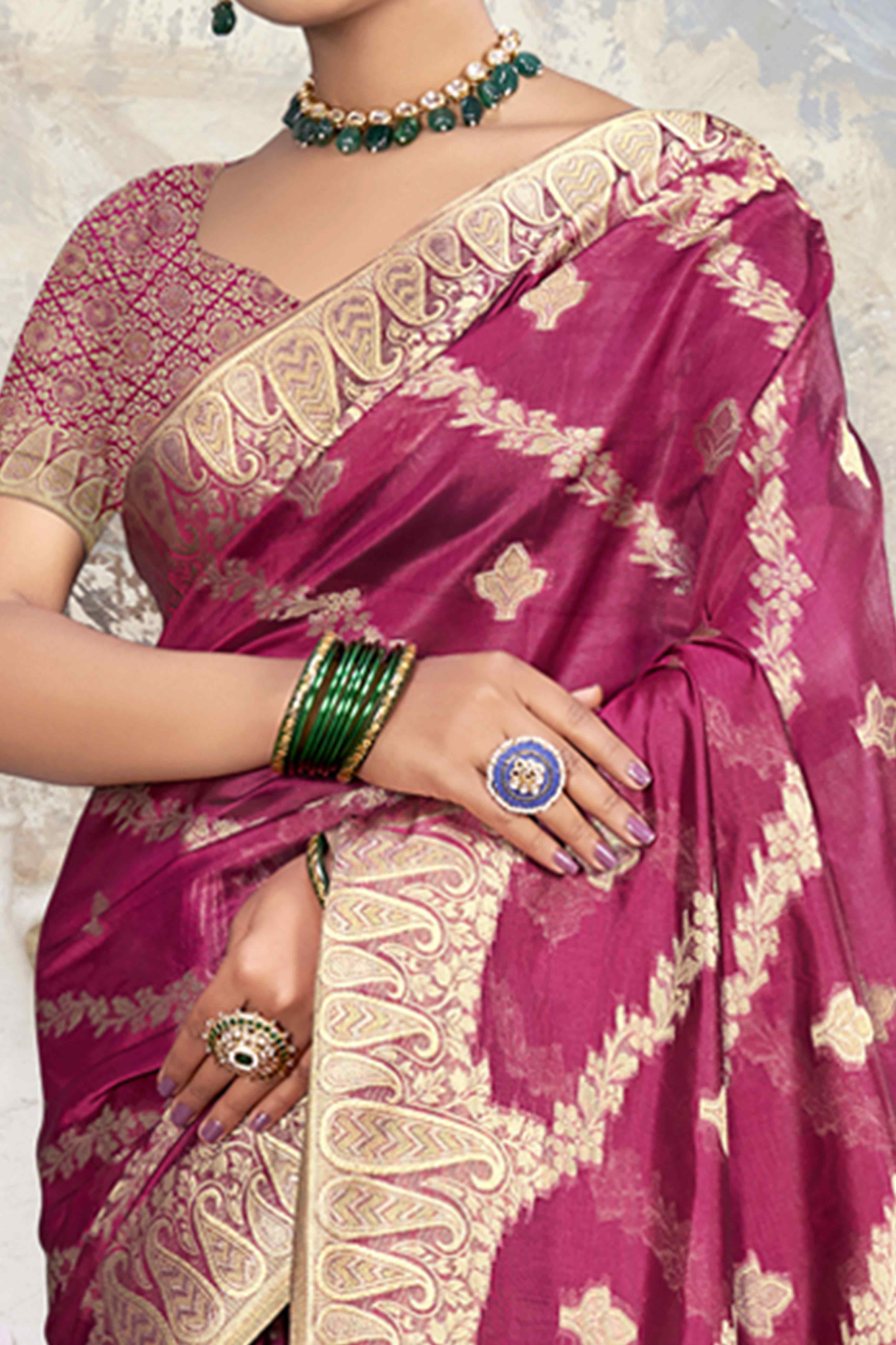 Dark Magenta Floral With Paisley Pattern Zari Woven Organza Saree