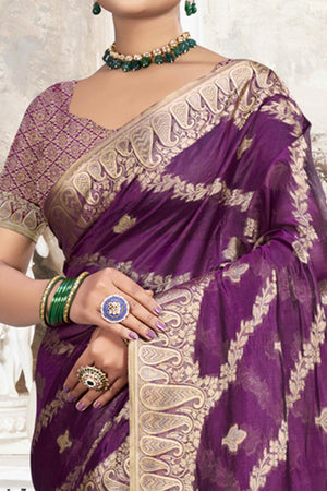 18Wine Floral With Paisley Pattern Zari Woven Organza Saree