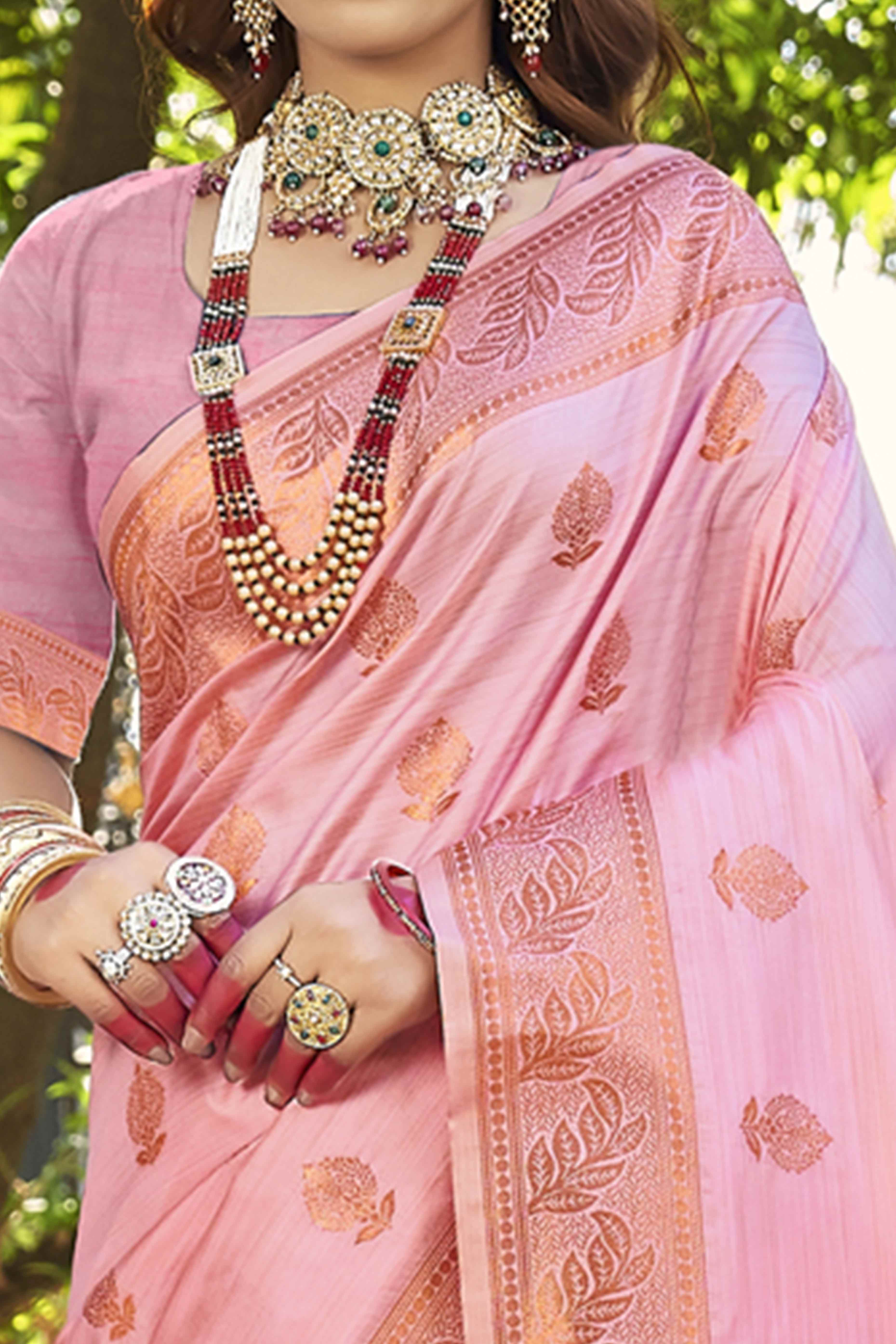 Sophisticated Floral Zari Woven Banarasi Silk Saree In Pink
