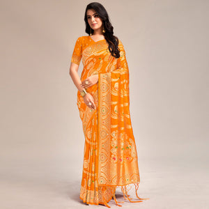 Mustard Woven Banarasi Silk Saree With Tassels