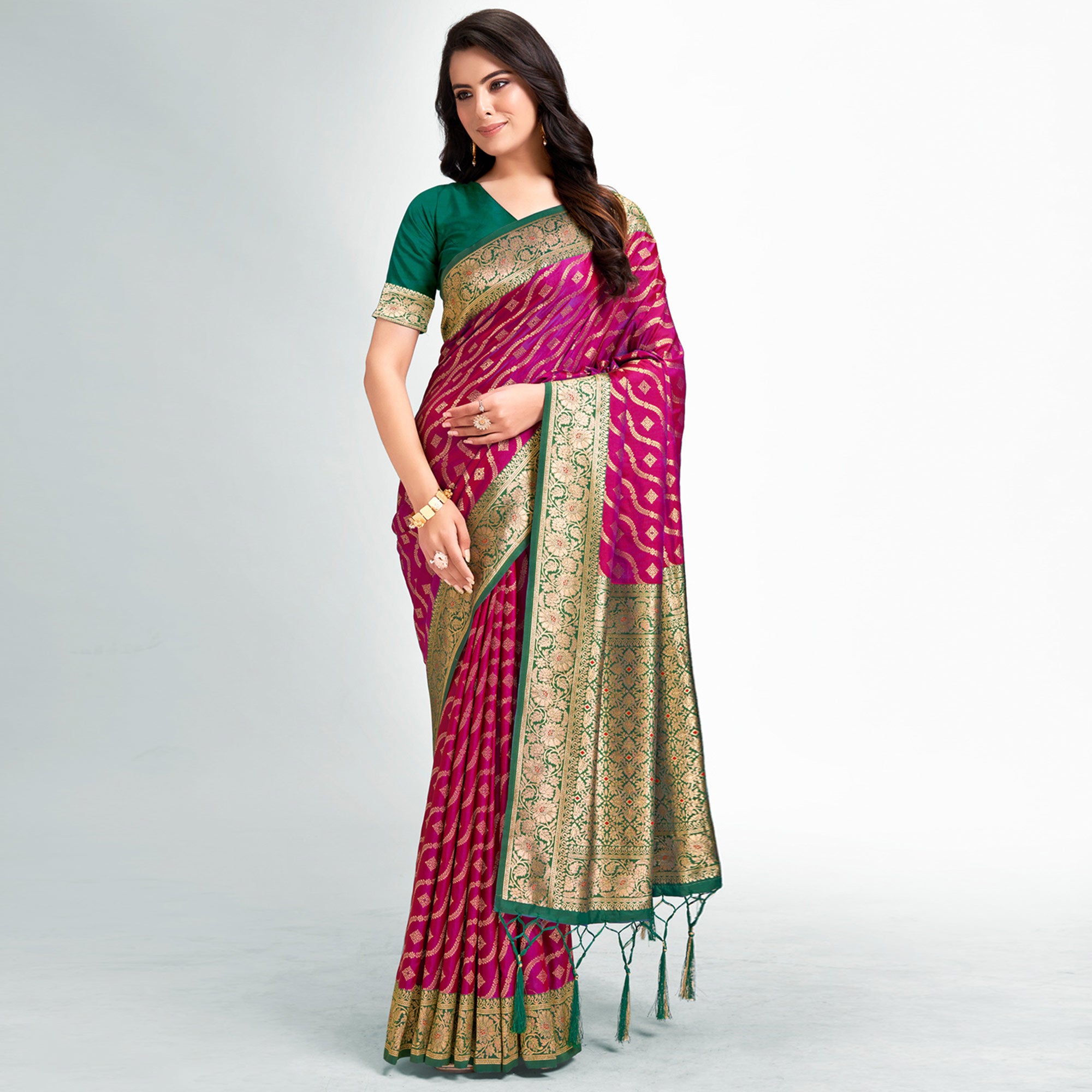 Purple Woven Banarasi Silk Saree With Tassels