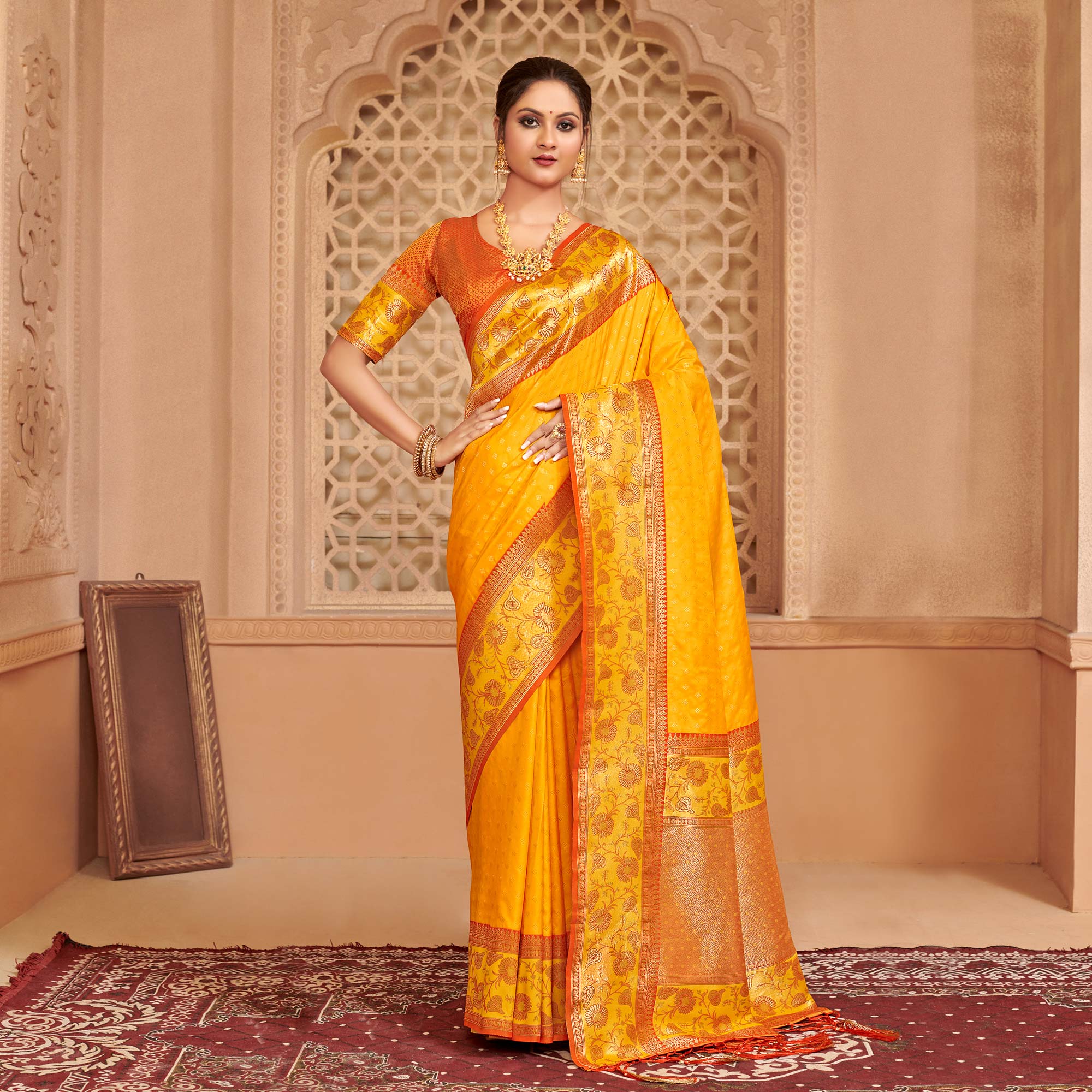 Yellow Floral Woven Banarasi Silk Saree With Tassels