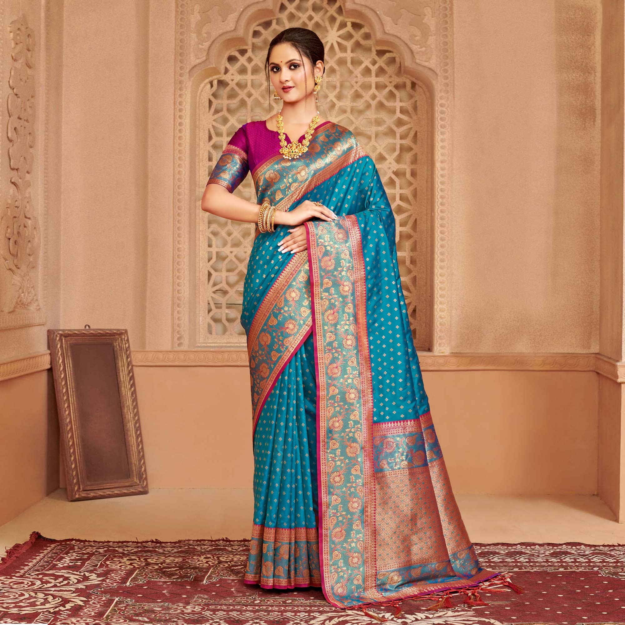 Blue Floral Woven Banarasi Silk Saree With Tassels