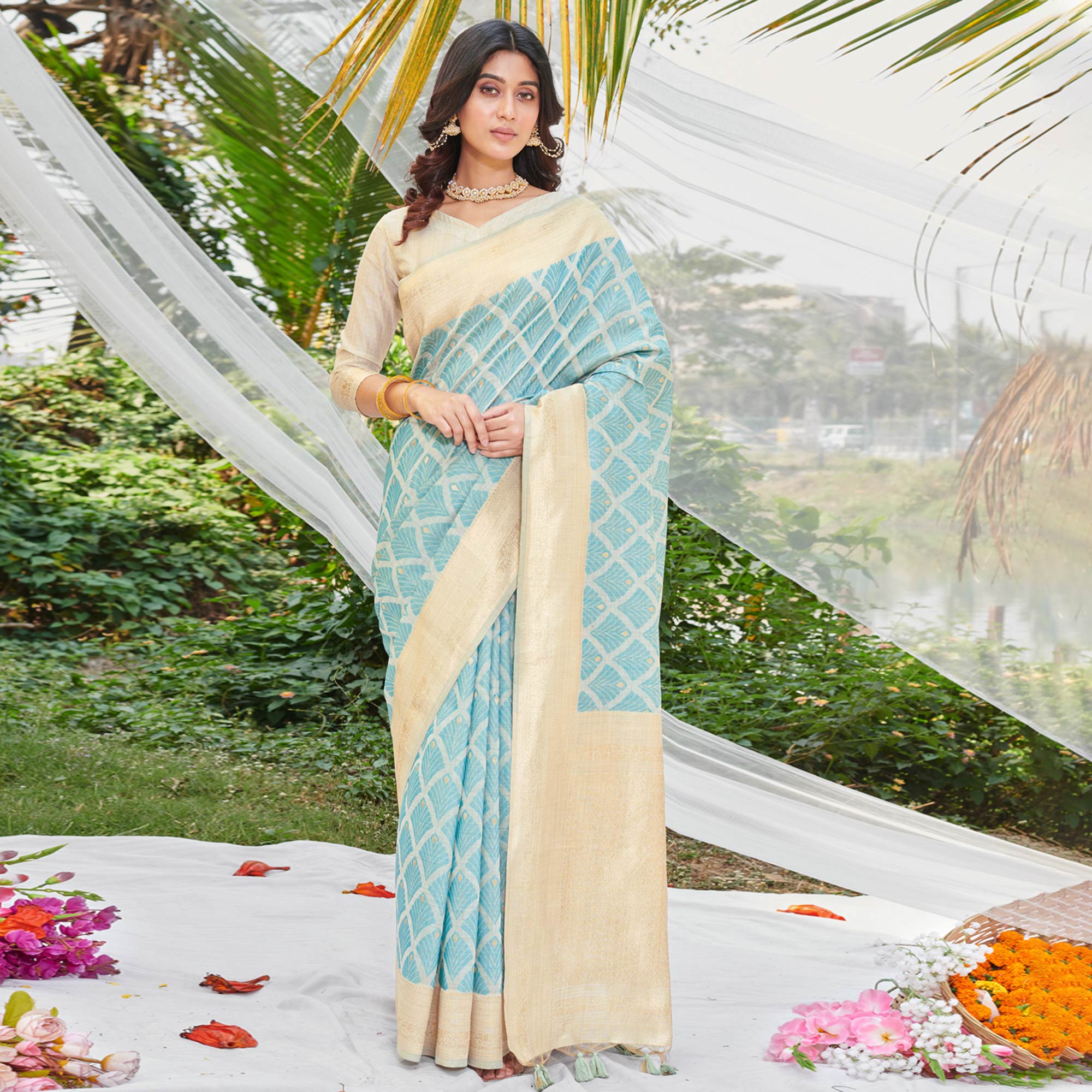 Sky Blue Woven Cotton Silk Saree With Tassels