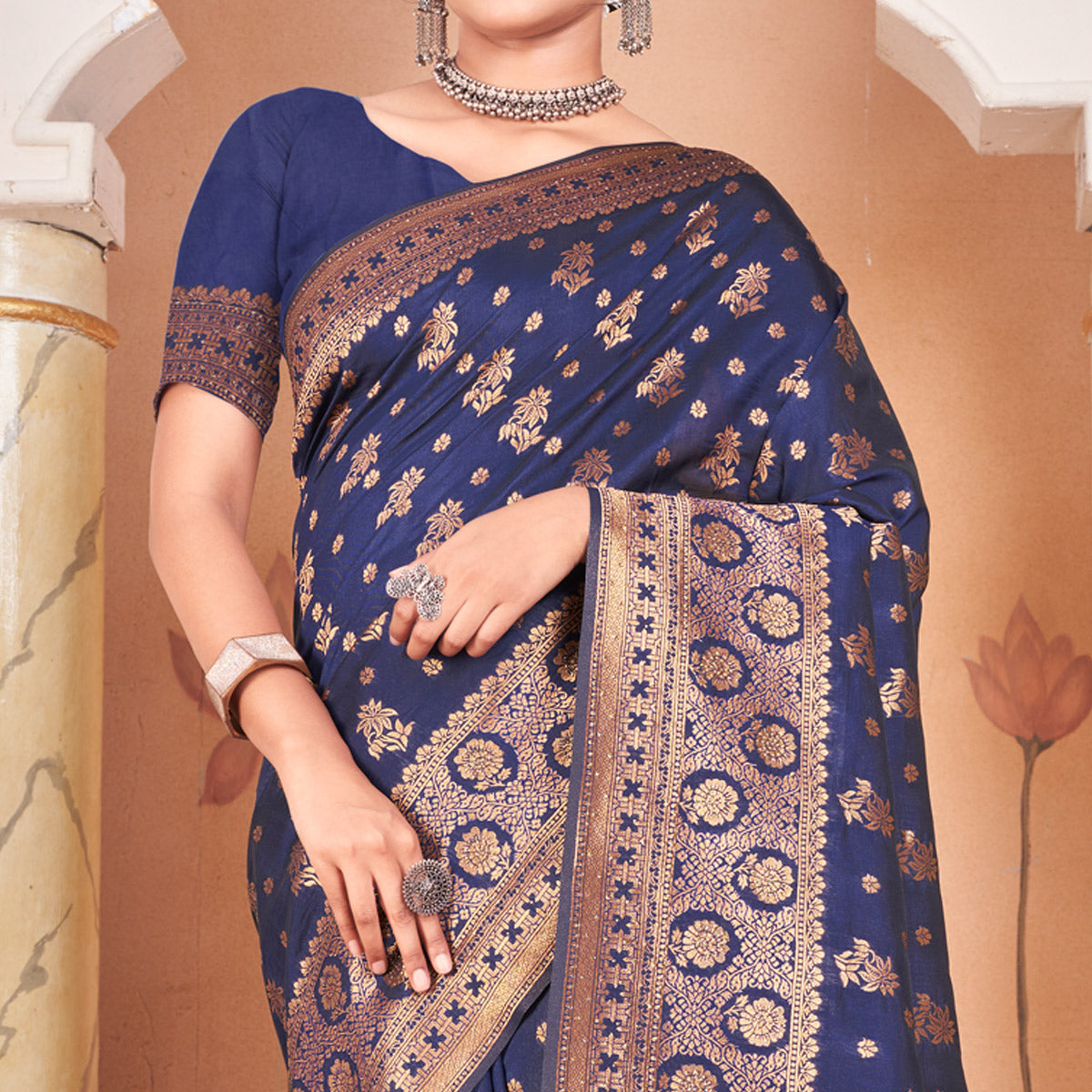Blue Floral Woven Banarasi Silk Saree With Tassels