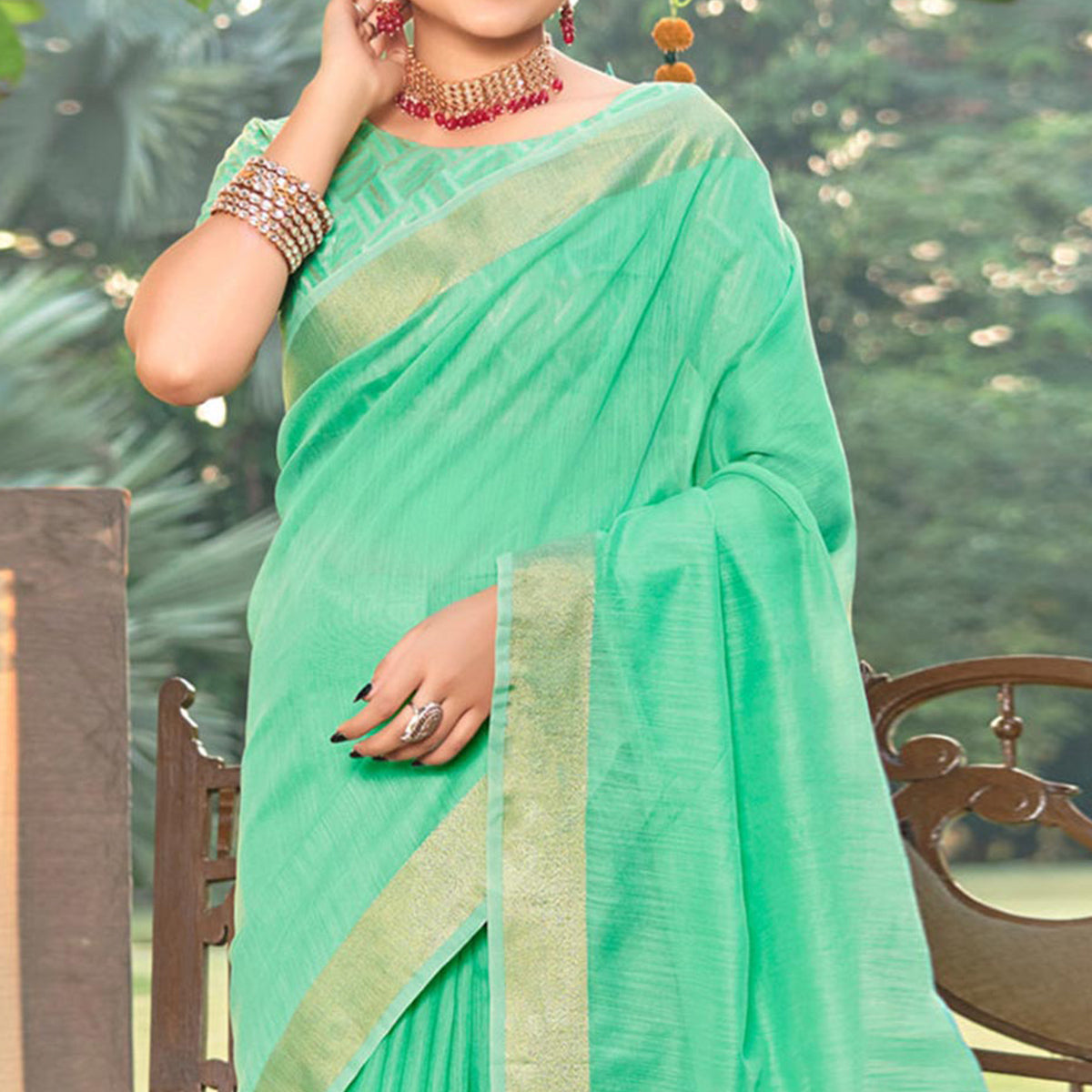 Sea Green Woven Cotton Blend Saree