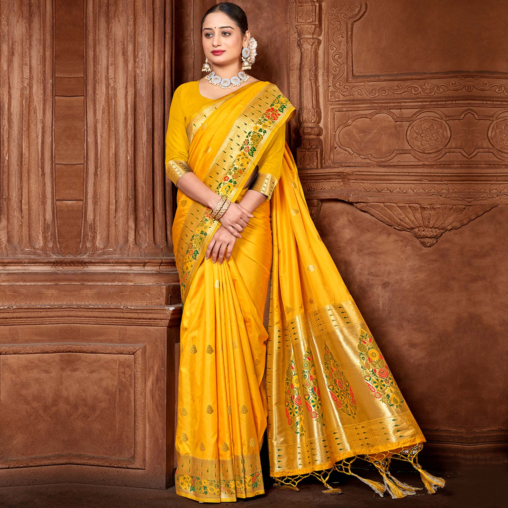 Yellow Woven Paithani Banarasi Silk Saree With Tassels