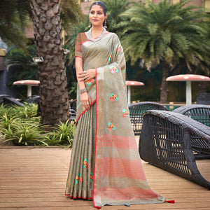 Grey Floral Embroidered Linen Saree With Tassels