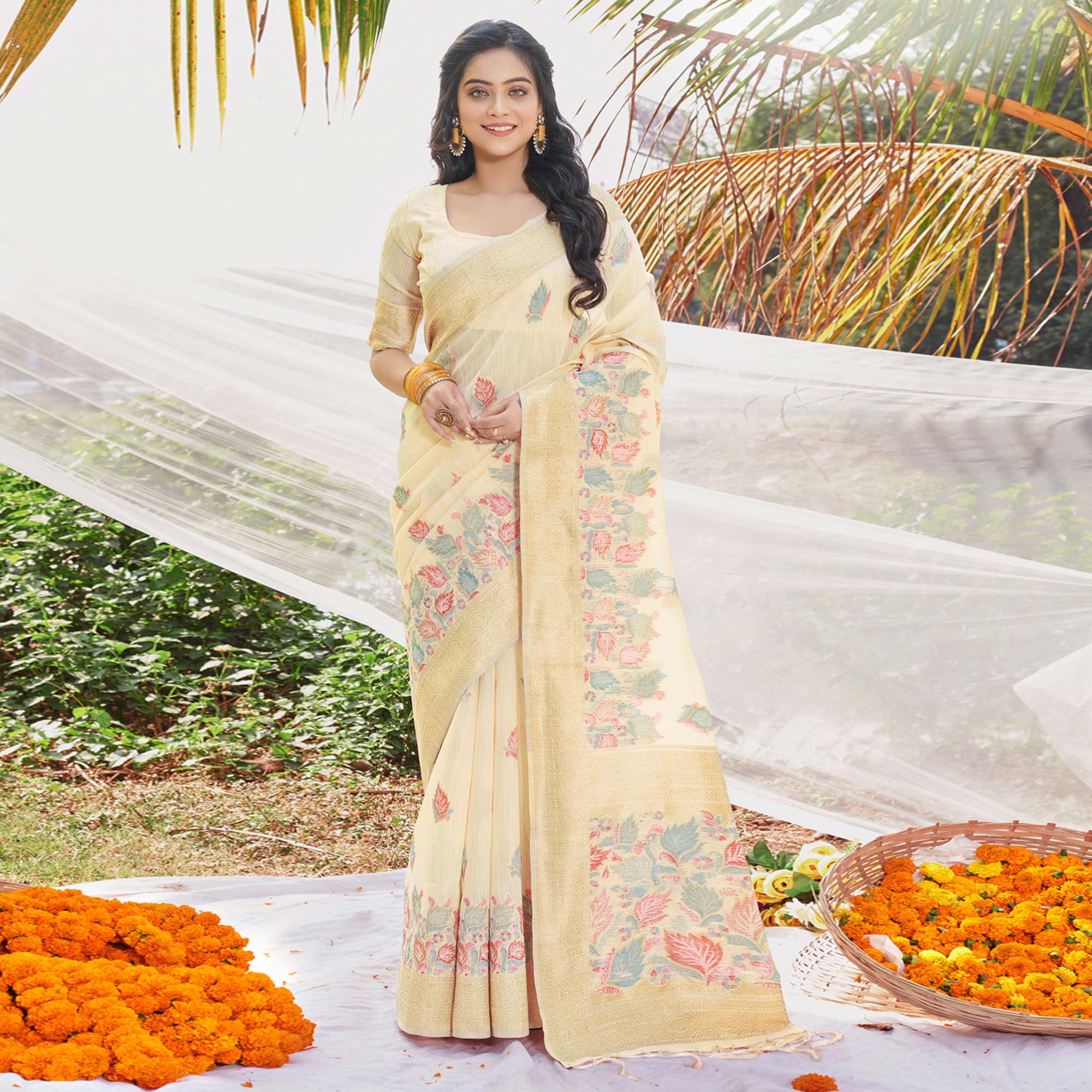Yellow Floral Woven Cotton Silk Saree With Tassels