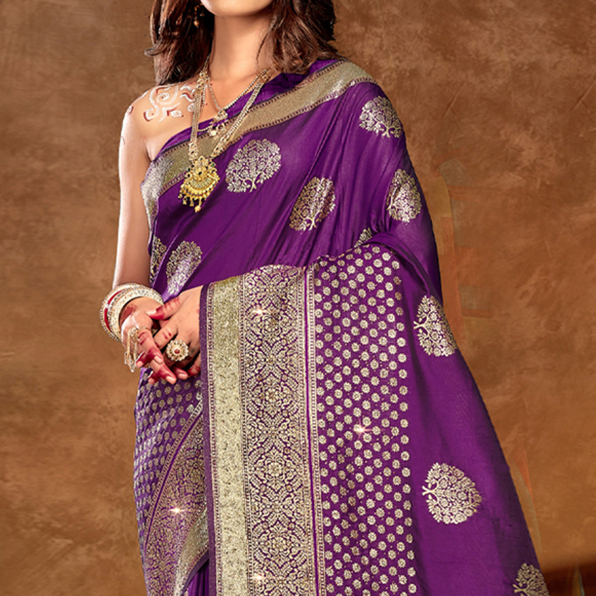 Purple Floral Woven Banarasi Silk Saree With Tassels