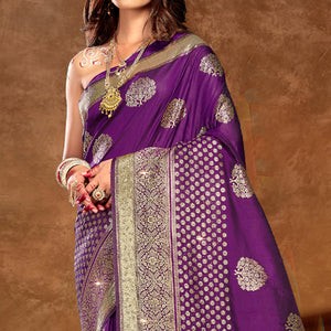 Purple Floral Woven Banarasi Silk Saree With Tassels