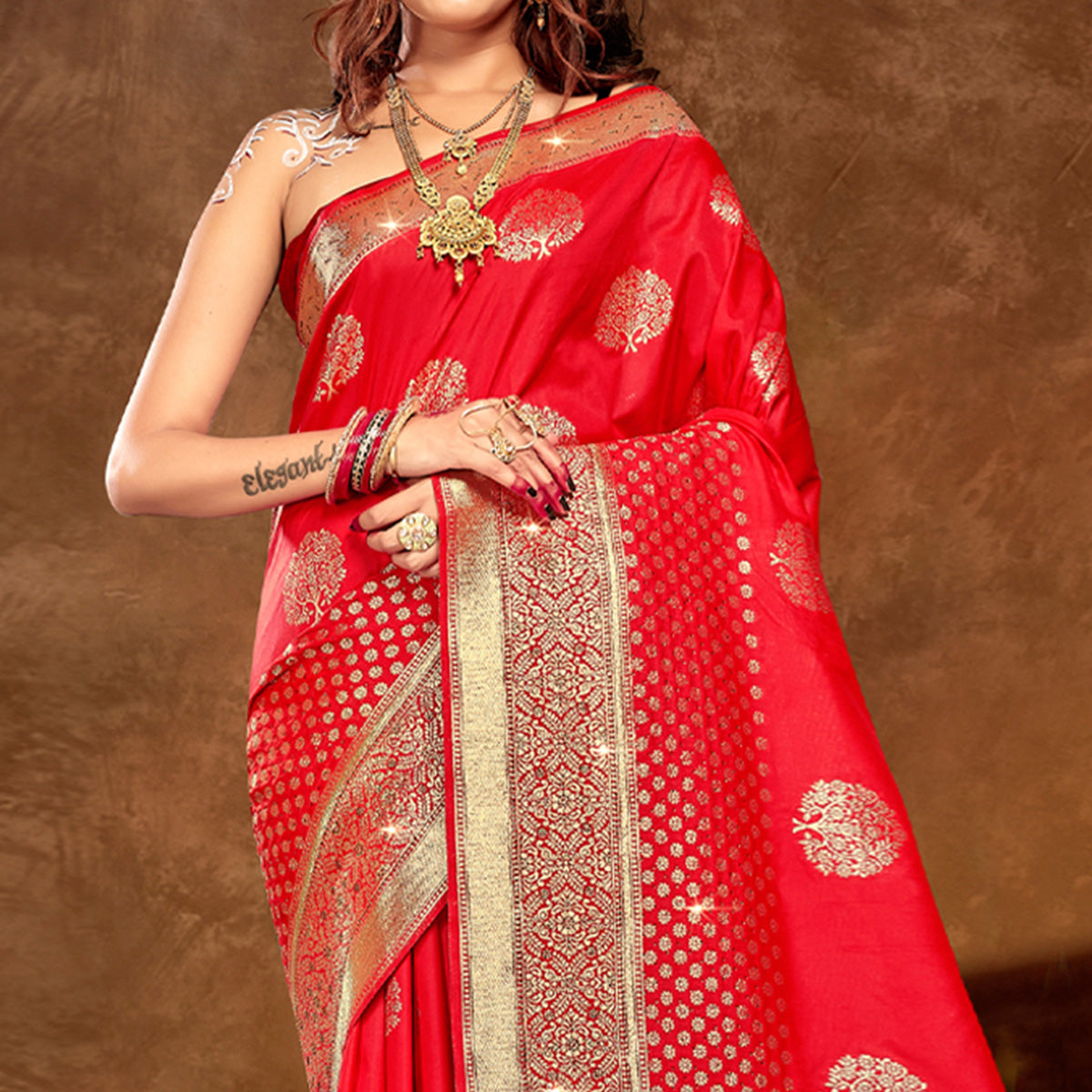 Red Floral Woven Banarasi Silk Saree With Tassels