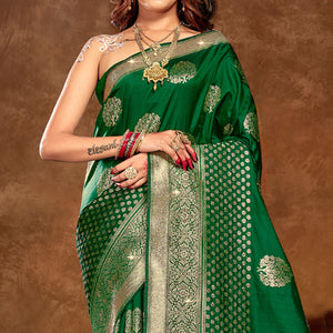 Green Floral Woven Banarasi Silk Saree With Tassels