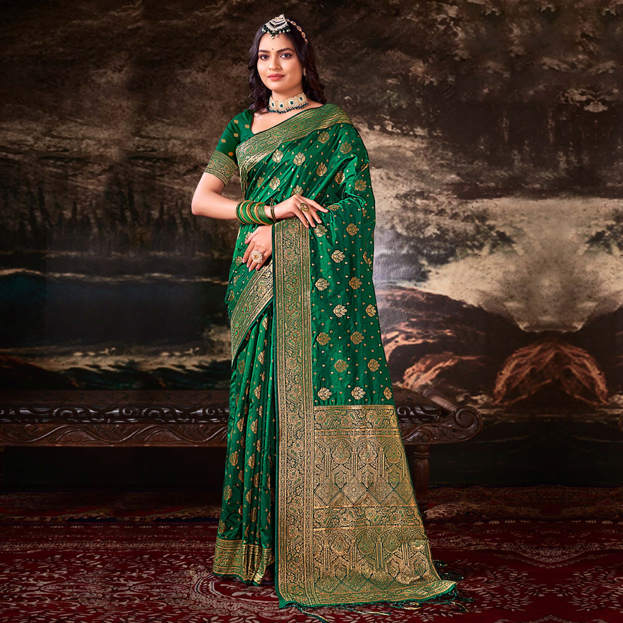 Green Floral Woven Banarasi Silk Saree With Tassels