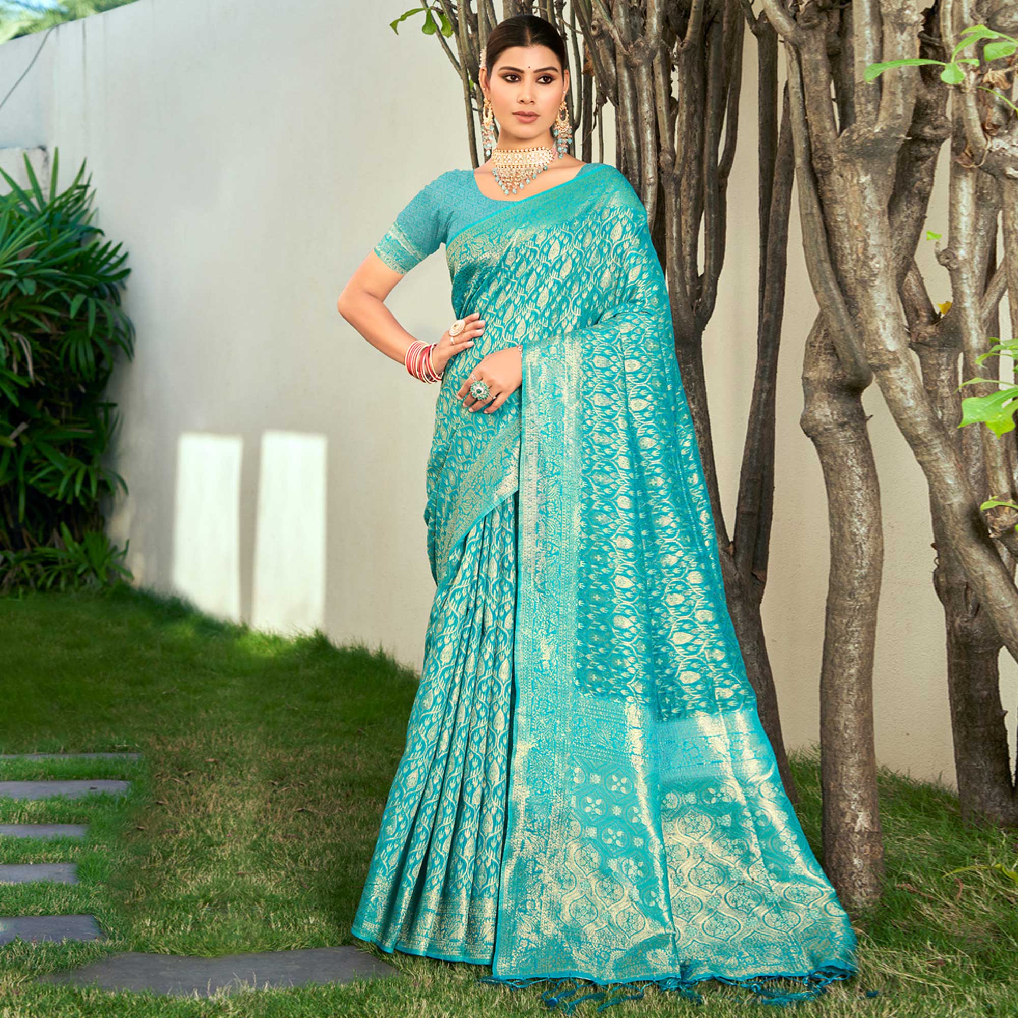 Blue Floral Woven Cotton Blend Saree With Tassels
