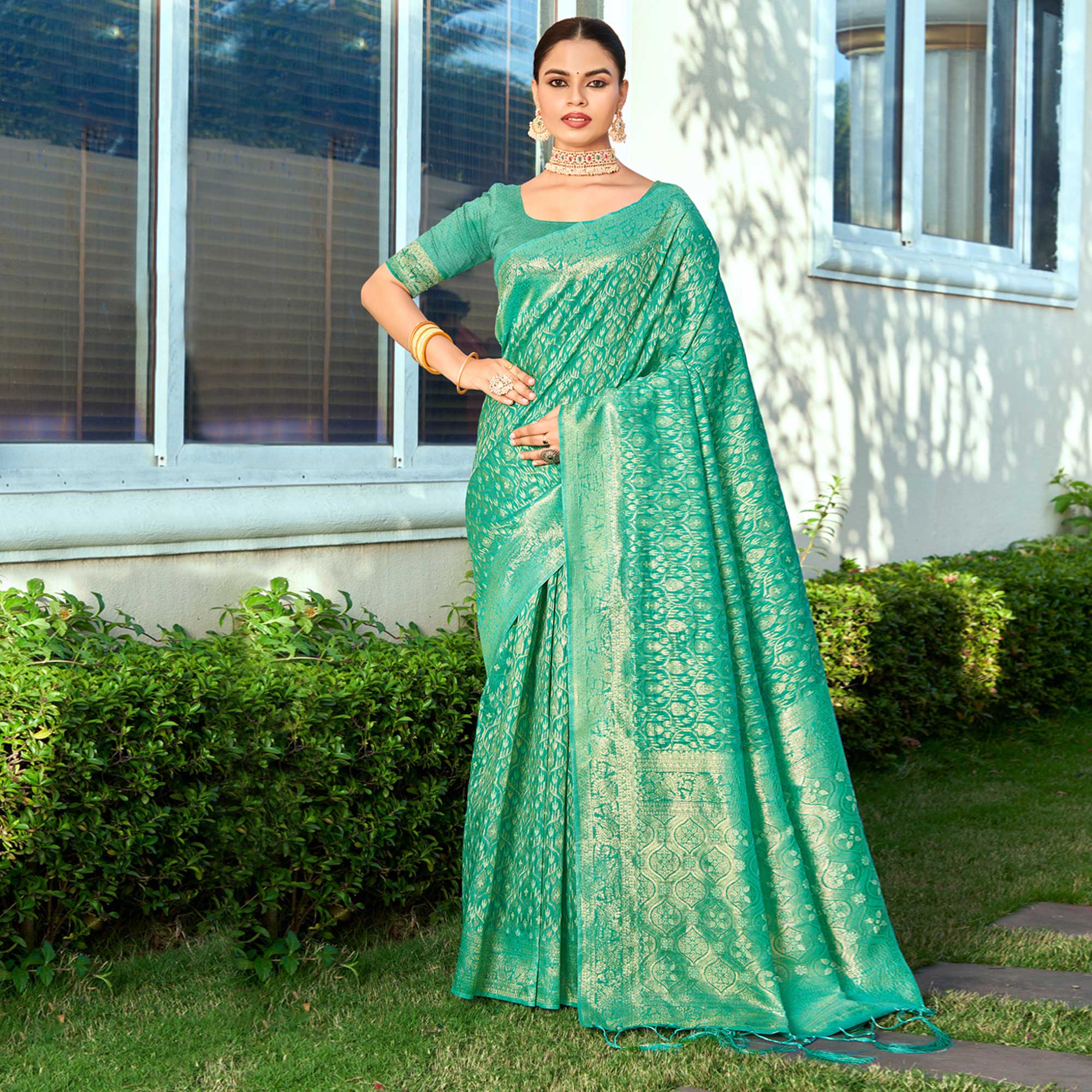 Sea Green Floral Woven Cotton Blend Saree With Tassels