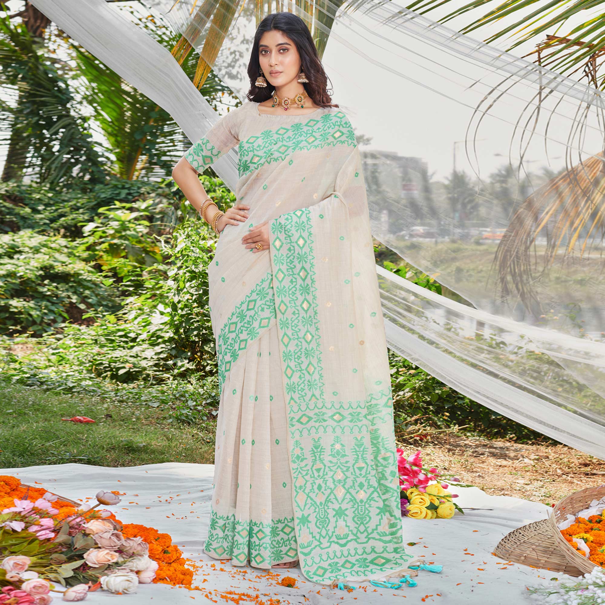 Off White & Green Woven Cotton Silk Saree With Tassels