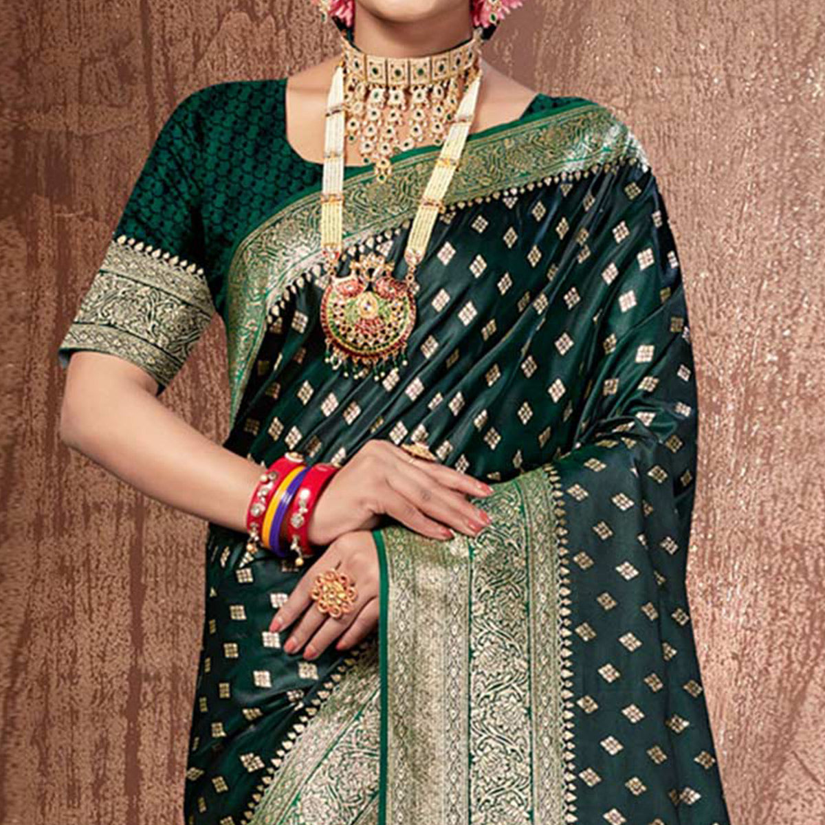 Green Woven Banarasi Silk Saree With Tassels