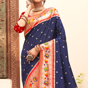 Navy Blue Floral Woven Banarasi Silk Saree With Tassels