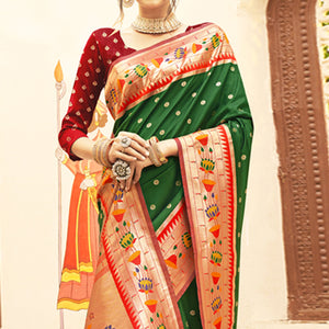 Green Floral Woven Banarasi Silk Saree With Tassels