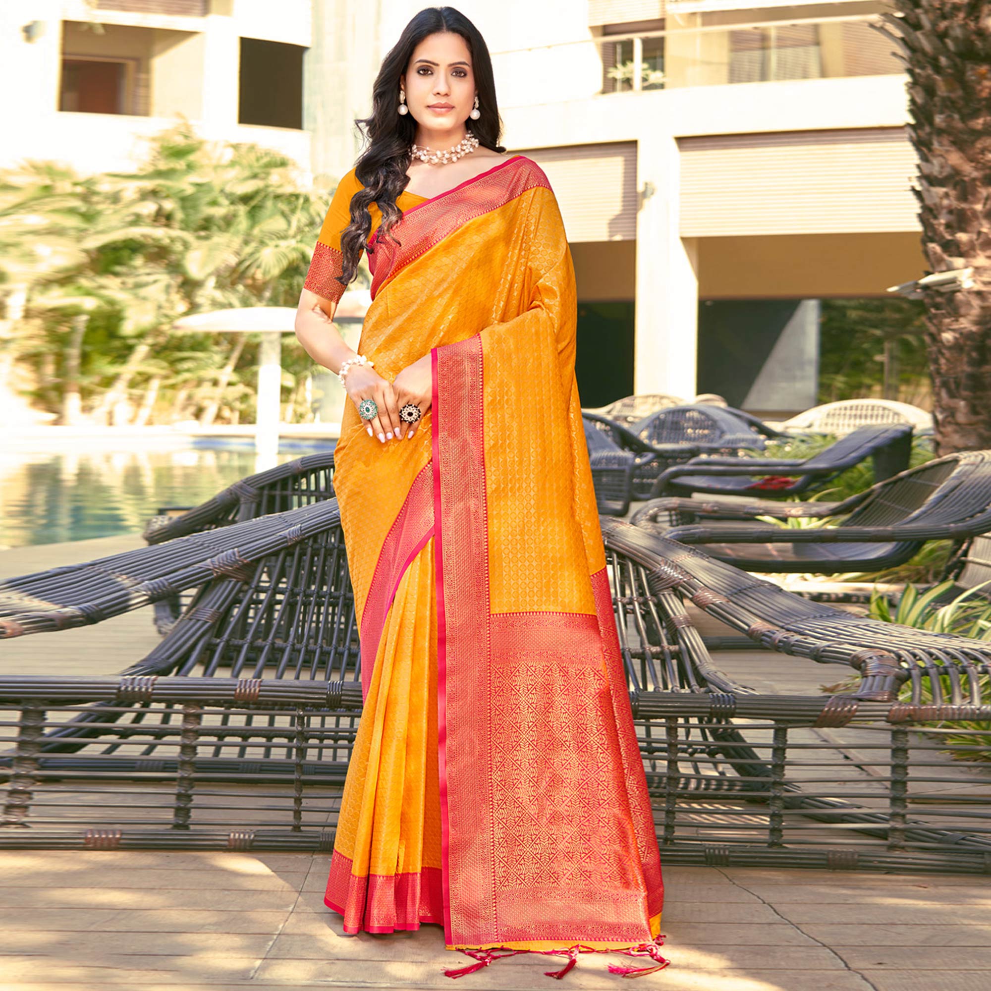 Mustard Woven Banarasi Silk Saree With Tassels
